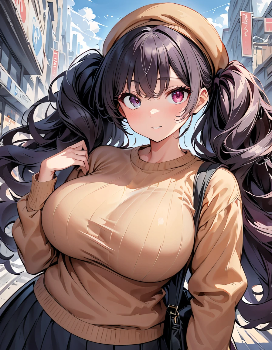 (ultra-detailed, master piece, best quality, high resolution, beautiful hair, beautiful eyes, expressive eyes, perfect face, perfect human structure, illustrations with a sense of speed and speed),
Crowded office area, crowded sidewalks,
A girl with slightly curly hair, short cut, high twin tails up on both sides, black hair, very , big droopy eyes, heterochromia, pink eye, orange eye, very huge breasts, wearing glasses, brown beret, plain sweater and long skirt, walking with a big tacky bag slung over her shoulder. She is wearing glasses, a brown beret, a plain sweater and a long skirt, and a big dowdy bag on her shoulder.