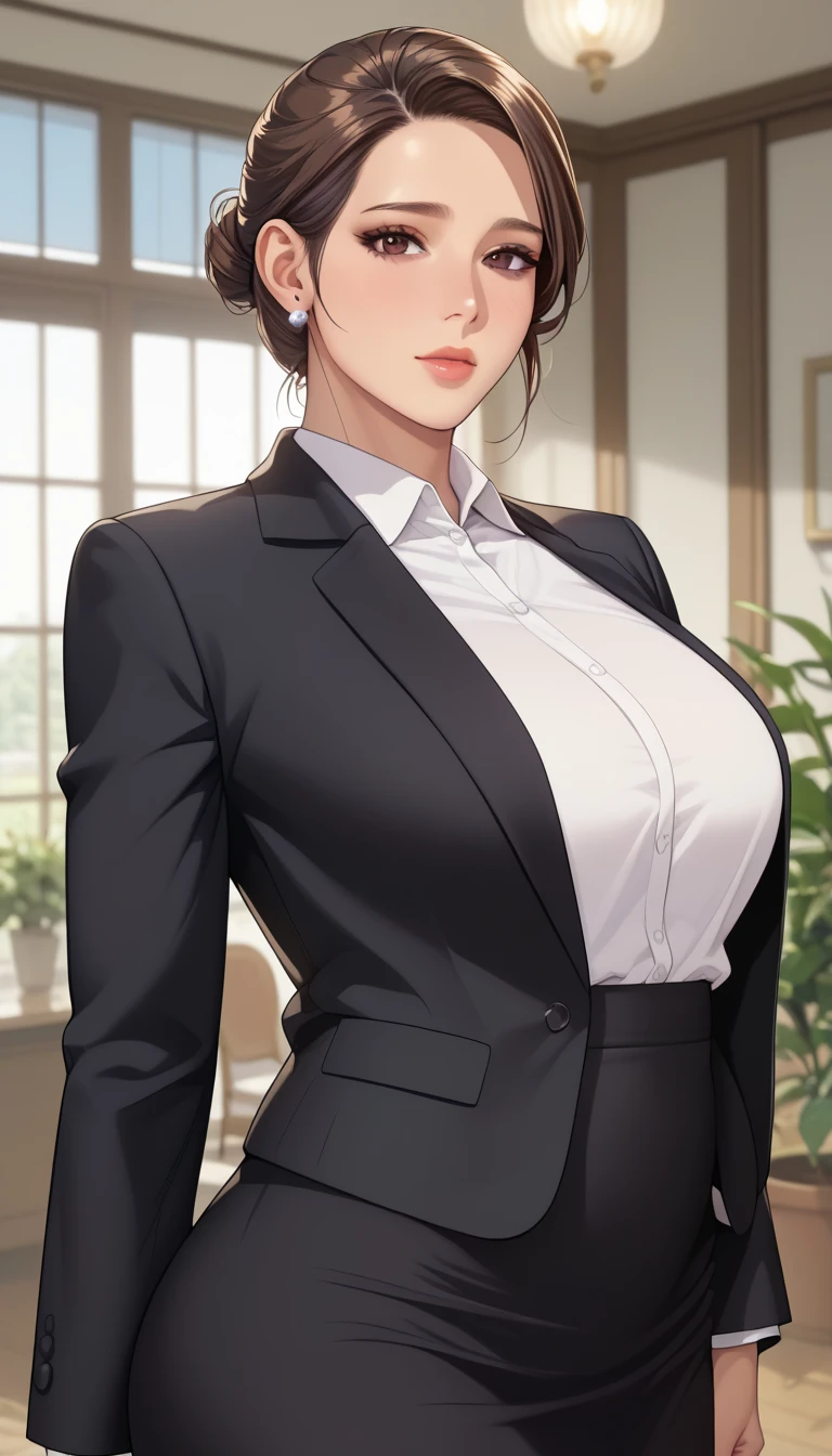 (masterpiece, best_quality:1.2), 1girl, solo, mature female, a1m33, brown hair, low bun, (officework:1.5, white shirt, black blazer, black mini skirt), beautiful eyes, female focus, large breast, wide hips, looking at viewer, ((close up shot)) ((solo)) detailed, very high resolution, no blurry image, (cowboy shot), standing, beautiful, elegant, serene expression, intricate details, detailed background, indoors