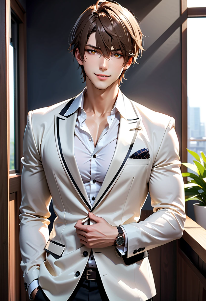 1guy, handsome anime male, ikemen, short hair, bangs, korean style hair, torso up shot, front view, looking at viewer, handsome smile, white blazer, white inner shirt, (masterpiece, detailed:1.2)