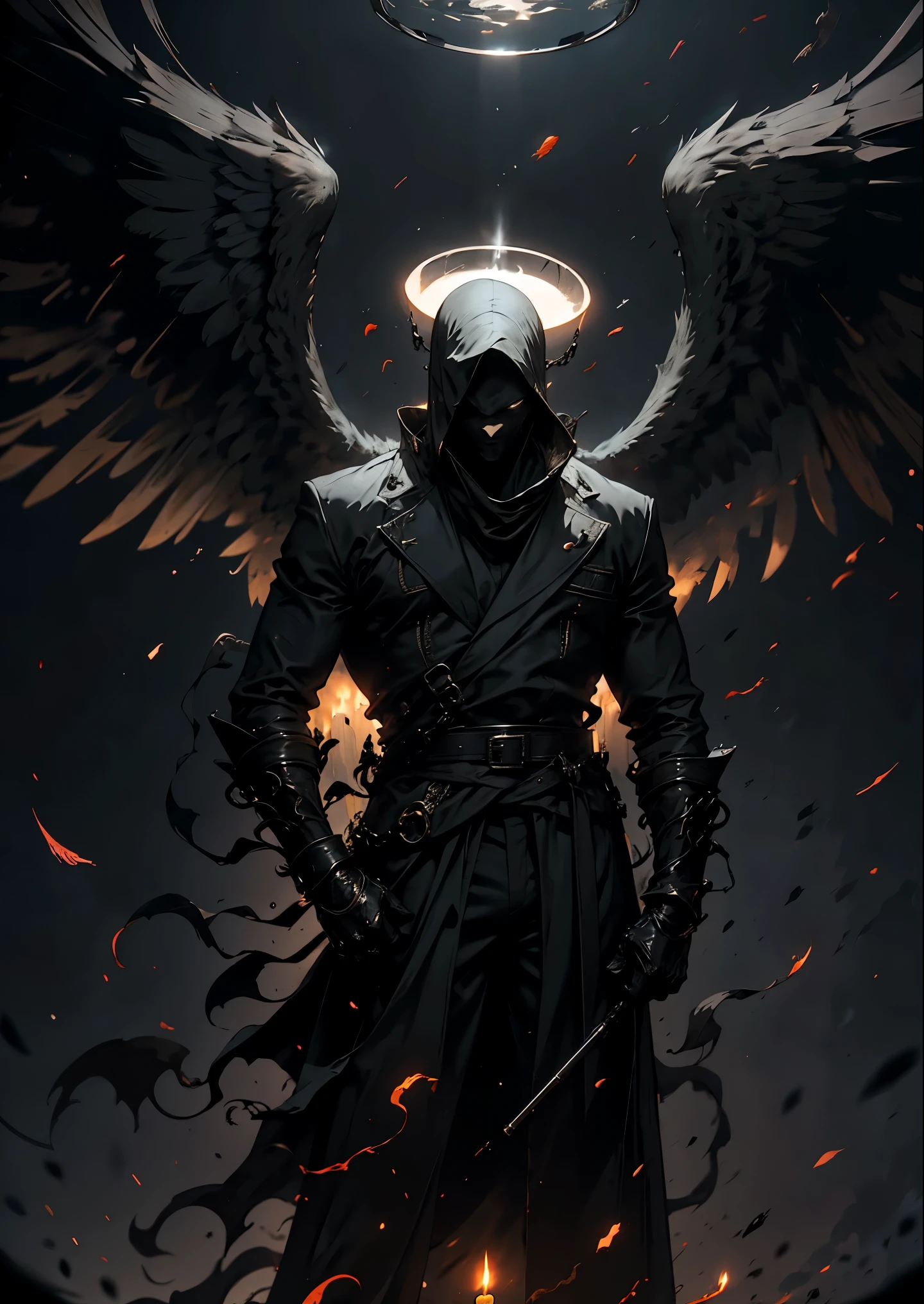 bj_devil,Alone,smile,_hair,shirt,negro_hair,Gloves,long_sleeves,1 chico, session,closed_boca,jacket,closed_eyes,male_focus,alas,negro_Gloves,pants,inside,negro_footwear,negro_jacket,halo,negro_pants,own_hands_juntos,feathers,plumed_alas,facing_ spectator ,negro_alas,angel_alas,angel,candle,praying,negro_feathers,
Cinematic Lighting,strong contrast, High level of detail, Best Quality , Masterpiece, white background,