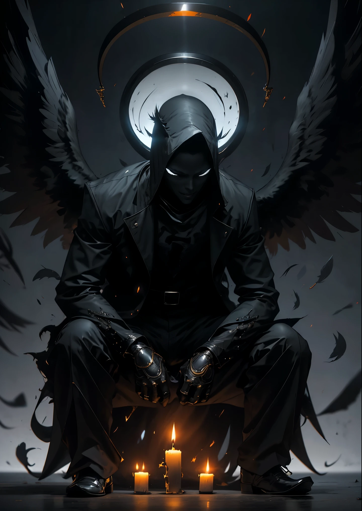 bj_devil,Alone,smile,_hair,shirt,negro_hair,Gloves,long_sleeves,1 chico, session,closed_boca,jacket,closed_eyes,male_focus,alas,negro_Gloves,pants,inside,negro_footwear,negro_jacket,halo,negro_pants,own_hands_juntos,feathers,plumed_alas,facing_ spectator ,negro_alas,angel_alas,angel,candle,praying,negro_feathers,
Cinematic Lighting,strong contrast, High level of detail, Best Quality , Masterpiece, white background,