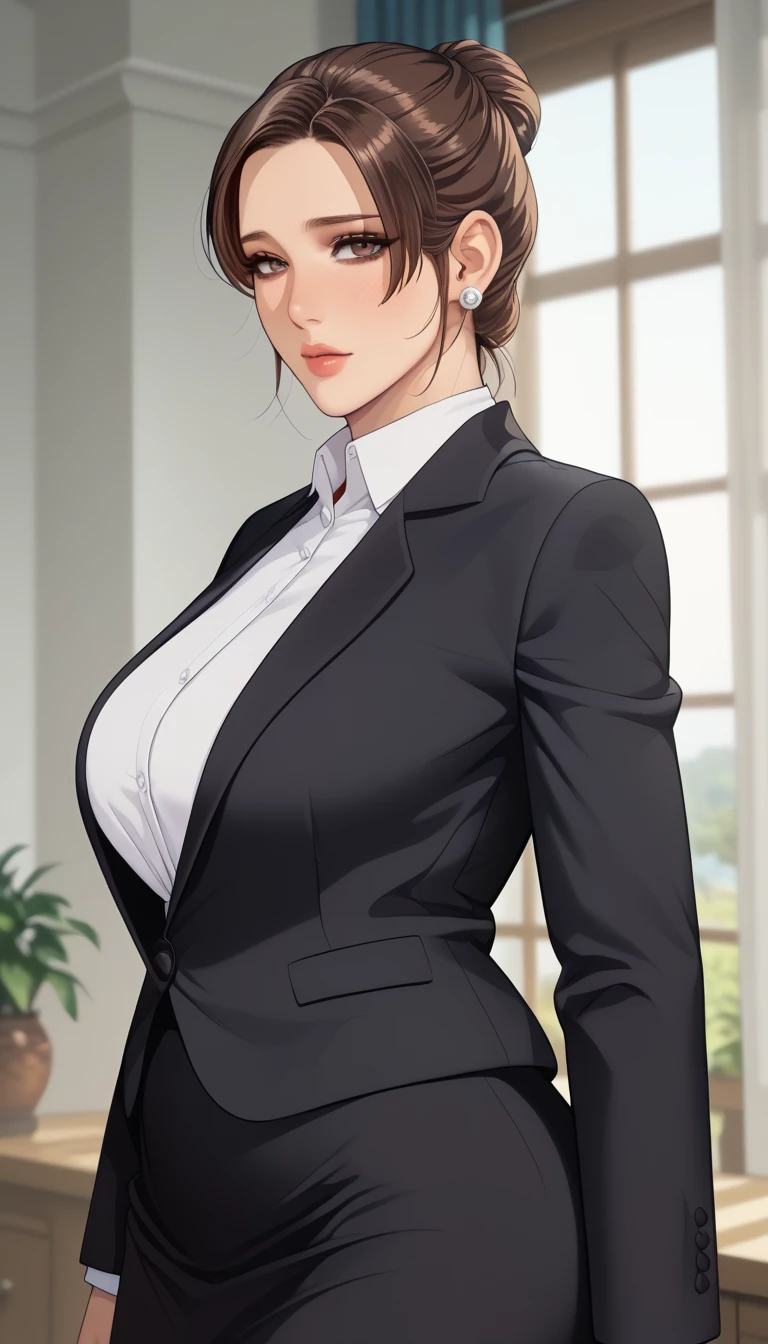 (masterpiece, best_quality:1.2), 1girl, solo, mature female, a1m33, brown hair, low bun, (officework:1.5, white shirt, black blazer, black mini skirt), beautiful eyes, female focus, large breast, wide hips, looking at viewer, ((close up shot)) ((solo)) detailed, very high resolution, no blurry image, (cowboy shot), standing, beautiful, elegant, serene expression, intricate details, detailed background, indoors