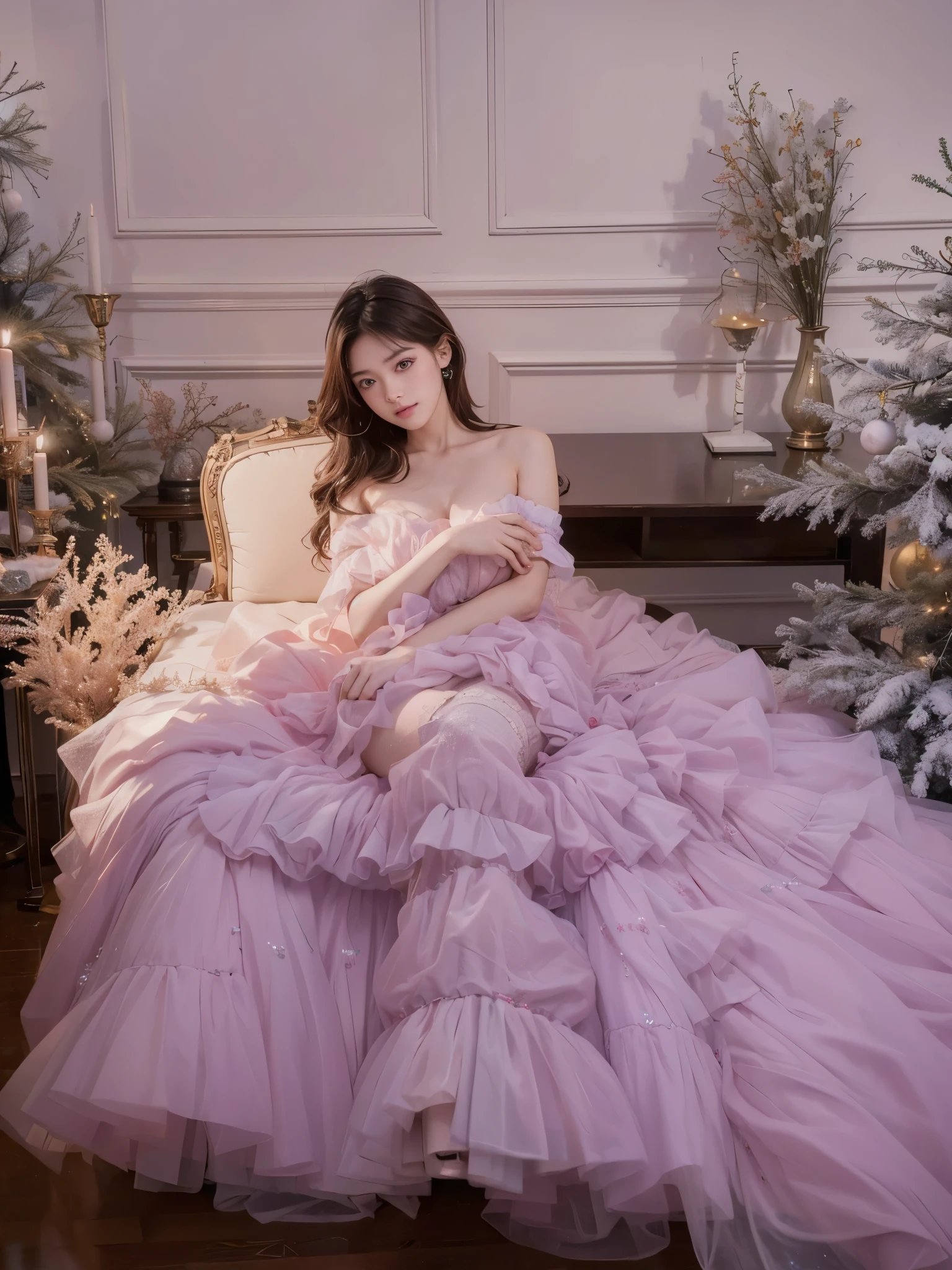 Araffe woman in a pink dress sitting on a chair in front of a christmas ...