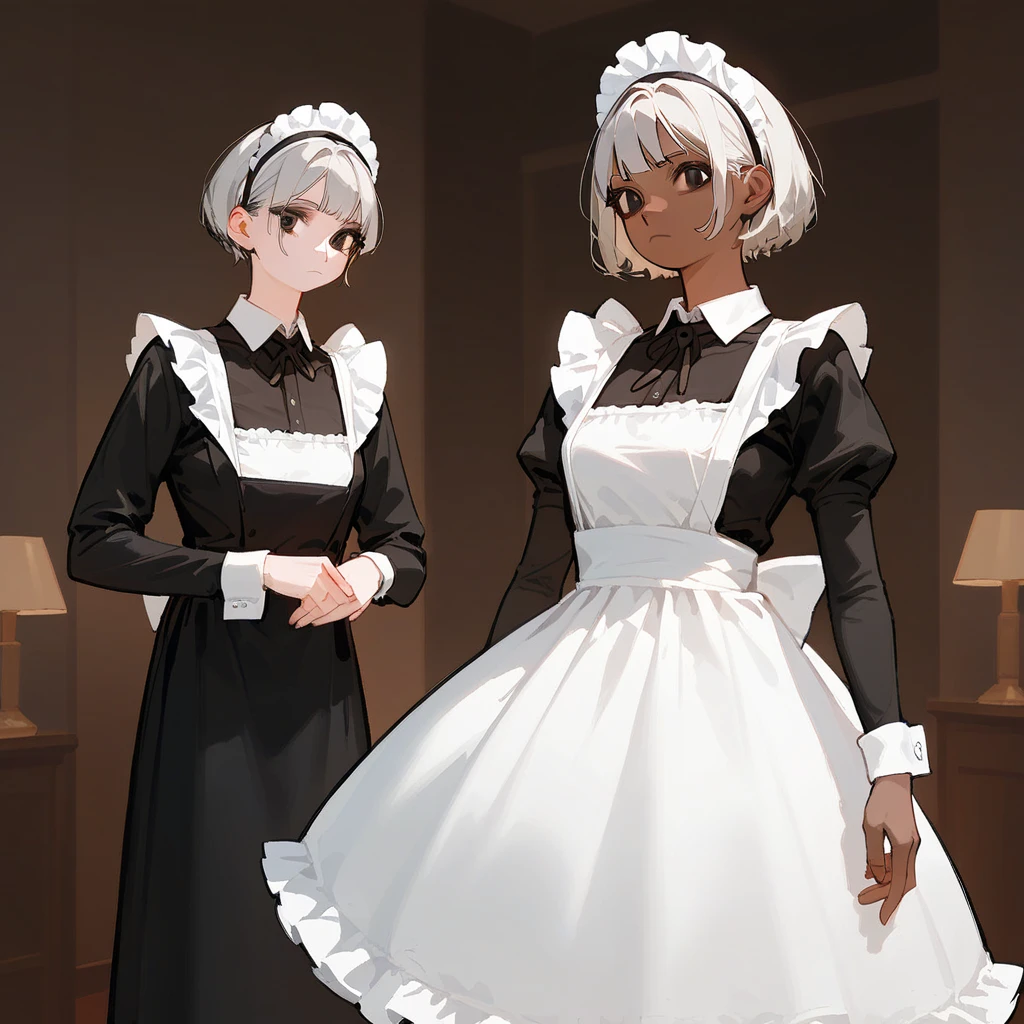   top quality, (27yo:1.0), 1 girl,  Silver Hair, bright hair, short hair,  maid clothes, maid headband, ((dark skin)), African descent,  standing,  No Emotion,  closed mouth, Dark Eyes, indoors, tall height, 25 years old, trained body,