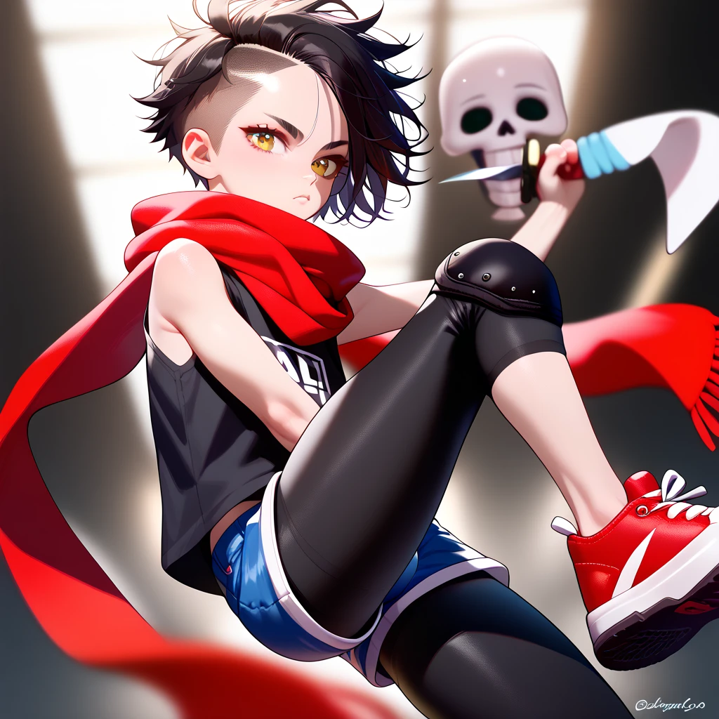 masterpiece, highest_quality, ultra_detailed, anime, depth_of_field, 1boy_focus, boy is (japanese_femboy, (black_hair, messy_hair, crew_cut, forehead_bangs, black_slant_eyes, close_set_low_eyebrows, large_ears), flat_chest, (skeleton_mask:1.5, oversized_shirts, (wide_leg_shorts, leggings):1.5, leather_shoes, legace, knee_pad, scarf):1.5, fighting_pose), five_fingers, detailed_face, full_of_details, holding_dagger, dual_wielding