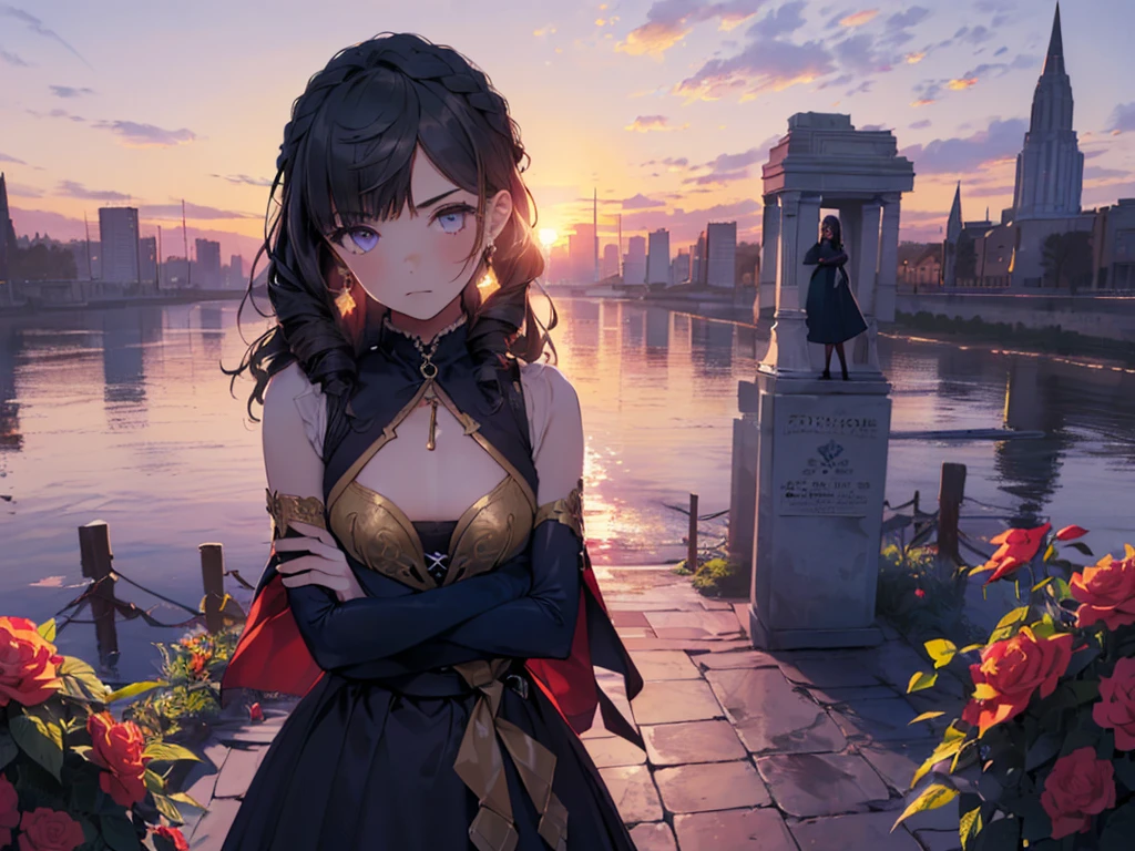 (Solo girl, 1 girl:2), (adorable expression), ((hair tied in a big blue ribbon))), (((long curly black hair))), ((lots of hair accessories))), (((teardrop earrings))), (((dark blue high neck tiered skirt casual outfit, gold chain around waist, opera gloves))), (arms crossed in front of chest:2), ((surrounded by lots of red flowers)))), (sunset sky, sunset, night sky), (bust from the side), (((high resolution, masterpiece, accurate, anatomically correct, multiple awards, top quality, detailed, high quality, very detailed, ultra high resolution))).