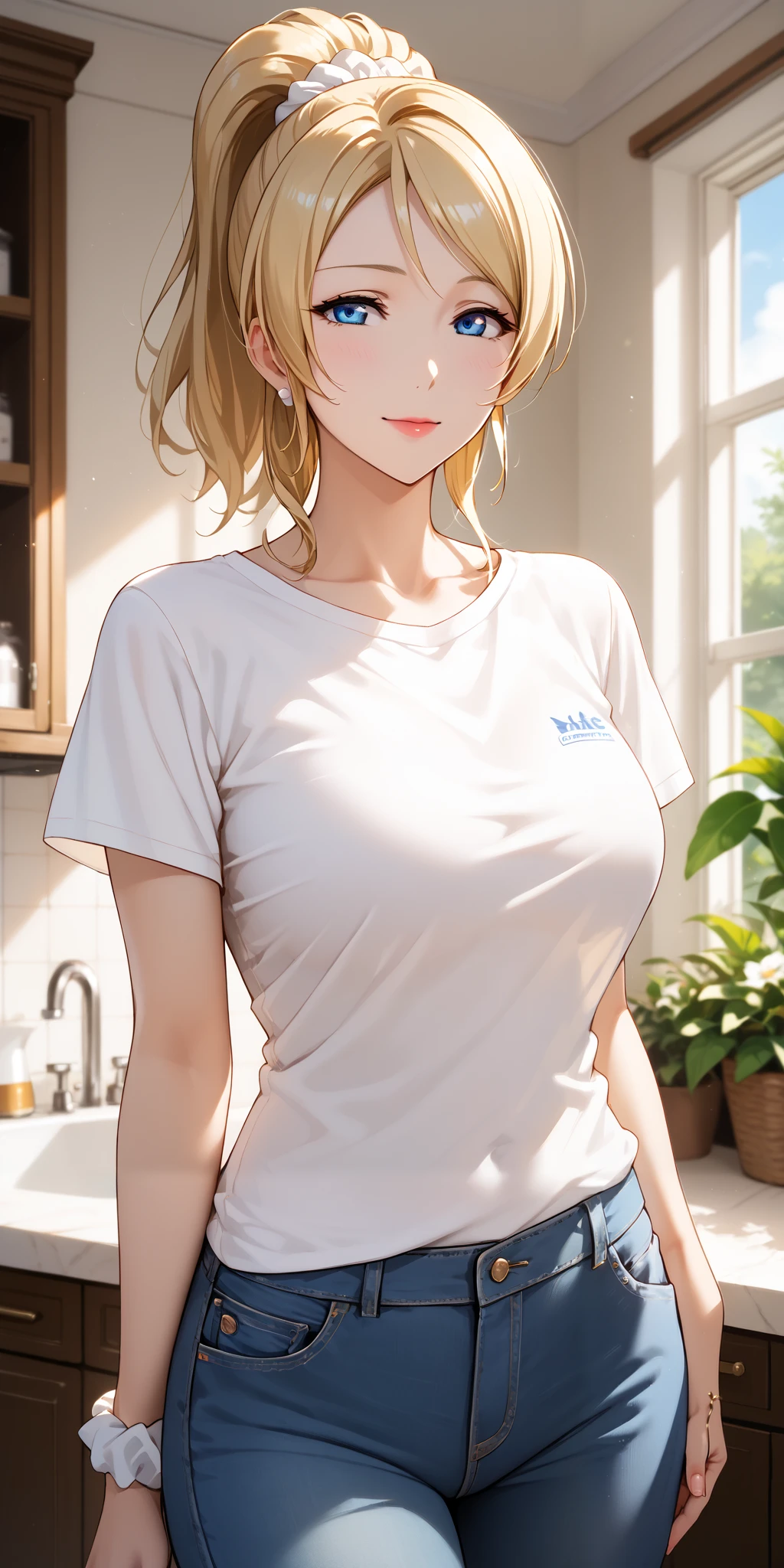 Score_9, Score_8_up, Score_7_up, Source_anime, 4k resolution, very aesthetic, masterpiece, high quality, 1girl, mature woman, milf, curvaceous, lovelive_eli, blonde hair, swept bangs, ponytail, white scrunchie, blue eyes. A portrait of a housewife in her 30s or 40s, dressed in simple, casual clothes like a slightly loose t-shirt with a bit of visible cleavage and comfortable pants. Her body is natural and slightly imperfect, exuding warmth and authenticity. She has a kind and relaxed expression, with a homey and cozy kitchen in the background. The lighting is soft and natural, emphasizing her approachable charm