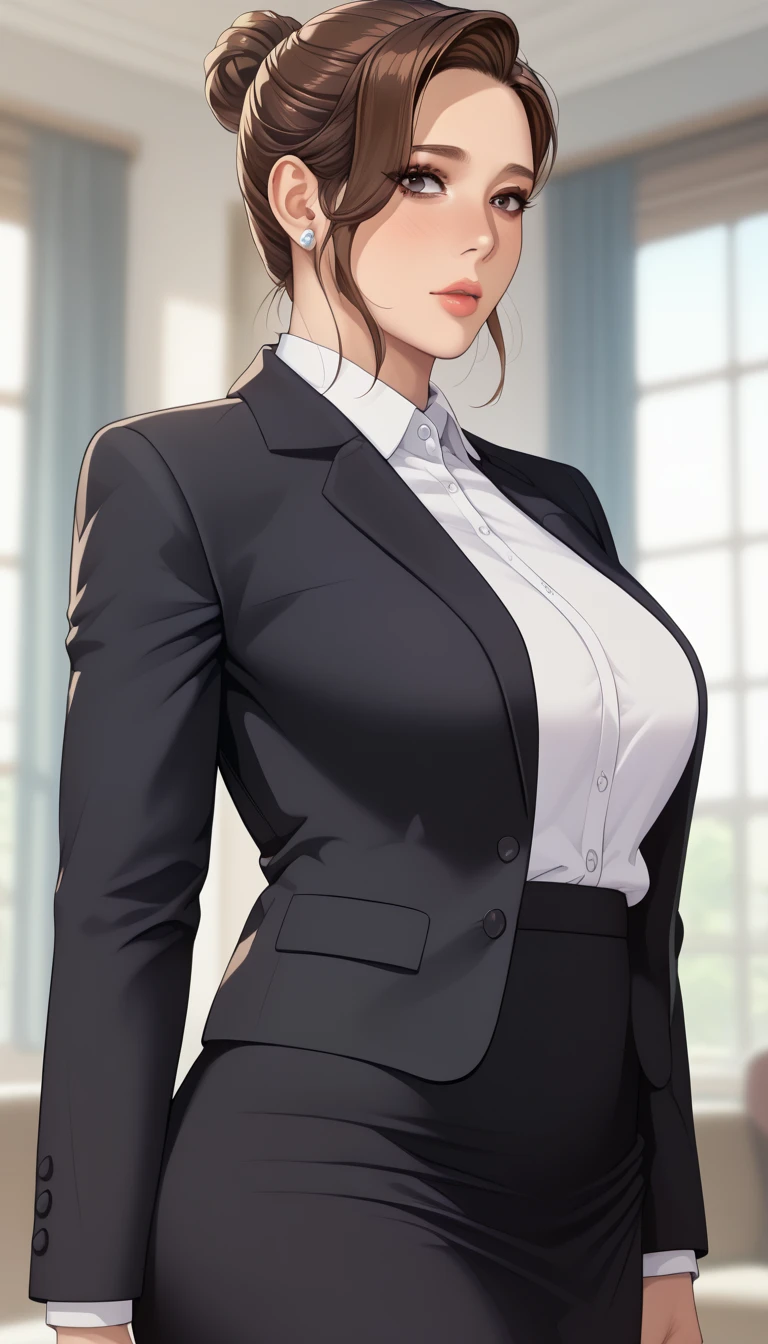 (masterpiece, best_quality:1.2), 1girl, solo, mature female, a1m33, brown hair, hair bun, (officework:1.5, white shirt, black blazer, black mini skirt), beautiful eyes, female focus, large breast, wide hips, looking at viewer, ((close up shot)) ((solo)) detailed, very high resolution, no blurry image, (cowboy shot), standing, beautiful, serene expression, intricate details, detailed background, indoors