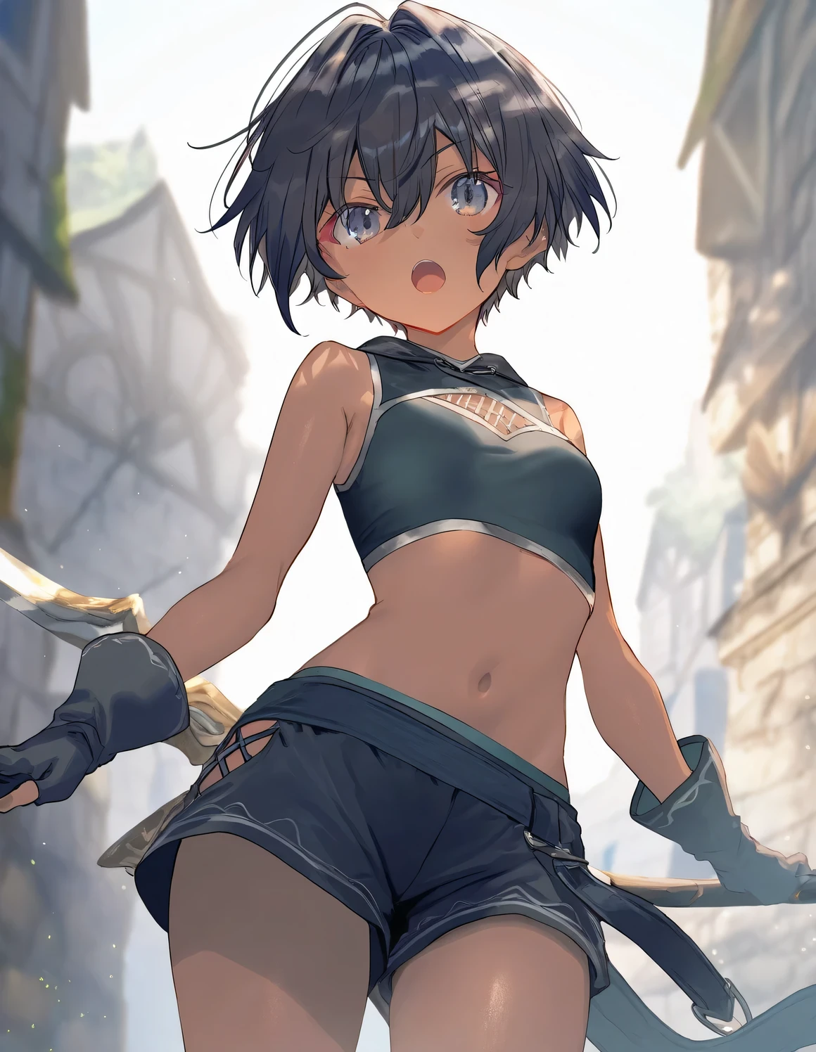Sol is a tall, young woman with green eyes and brown skin. She sports short, ruffled black hair.

Sol wears a white tube top that exposes her cleavage and midriff, as well as white arm warmers that cover her elbows. She wears white shorts, along with white detached pants that reach slightly past her knees. The pants feature large slits that reveal her inner thighs, and are connected to her shorts via o-rings. She wears white shoes, as well as a black belt on her waist that holds her grimoire. She wears the Blue Rose robe on top of everything.