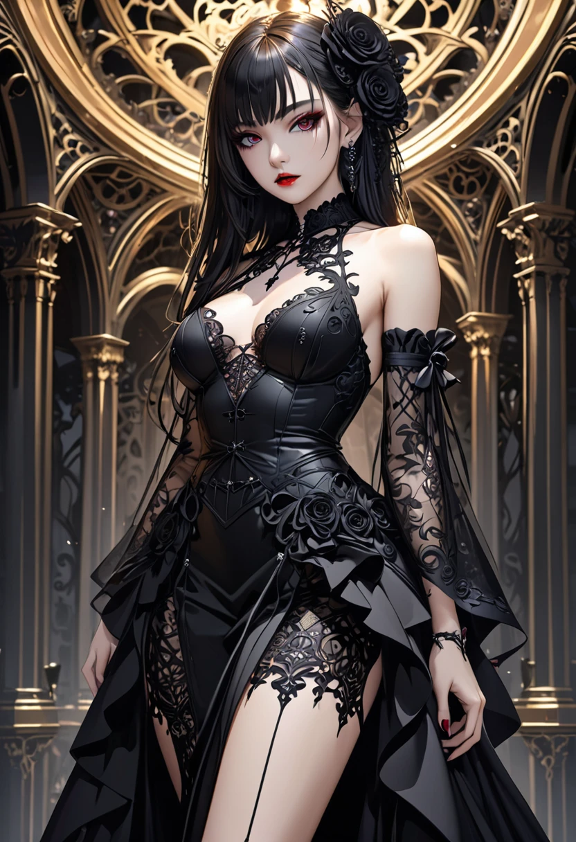 Woman with black hair, tattoos on the right arm wearing sensual clothes xxx