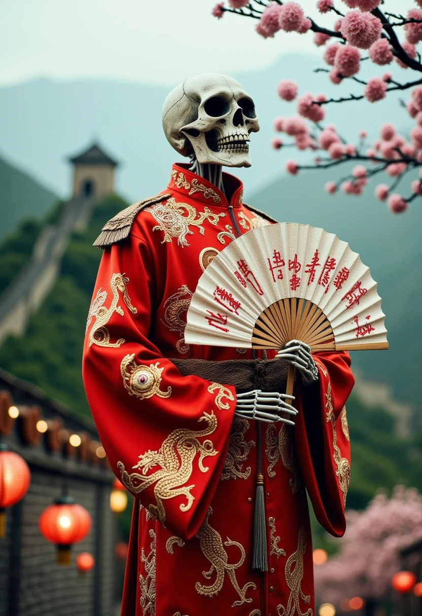 ((masterpiece)) ((photography)) ((Highest quality)) A skeleton dressed in a traditional red silk Chinese robe adorned with golden dragon embroidery, standing in a picturesque Chinese landscape. He holds a paper fan with intricate calligraphy, and the background features a misty view of the Great Wall winding across verdant mountains. Lanterns and cherry blossoms complete the scene.