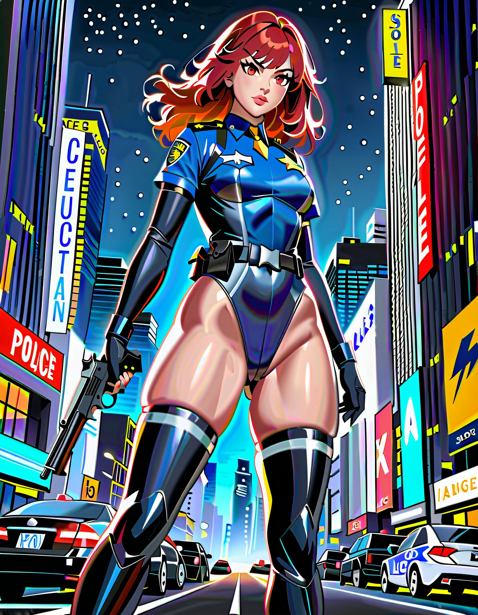 best quality, masterpiece, highres, solo, solo focus, 1lady, semi-realistic, dynamic heroic pose, standing straight, red hair, hazel eyes, beautiful detailed eyes, beautiful detailed face, perfect hands, sexy Los Angeles police officer, (dressed in a blue and red leotard), city backdrop, neon edge lighting, highly detailed, professional, bare legs, matching boots, ankle-high boots, full body shot, hands on hip, medium hair, hair down, nighttime.