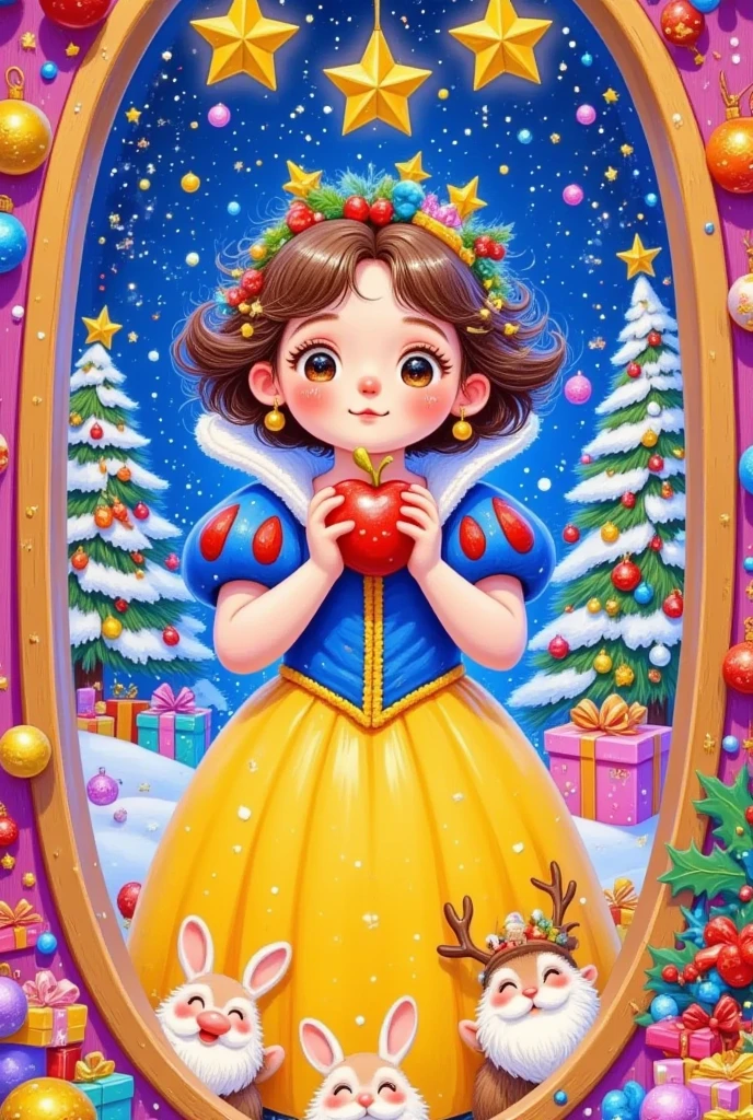  Christmas：Beautiful Snow White is holding an apple in her hand，7 dwarfs