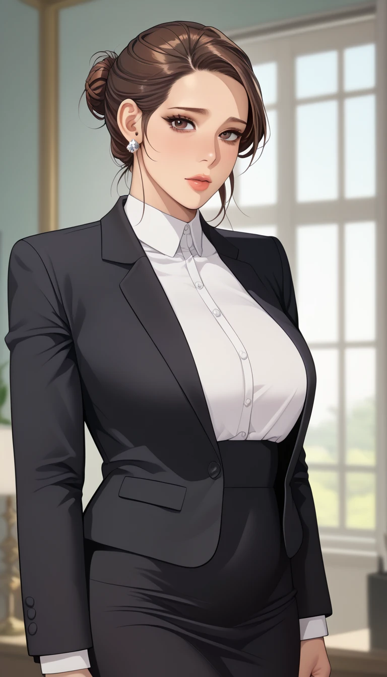 (masterpiece, best_quality:1.2), 1girl, solo, mature female, a1m33, brown hair, low bun, (officework:1.5, white shirt, black blazer, black mini skirt), beautiful eyes, female focus, large breast, wide hips, looking at viewer, ((close up shot)) ((solo)) detailed, very high resolution, no blurry image, (cowboy shot), standing, beautiful, elegant, serene expression, intricate details, detailed background, indoors