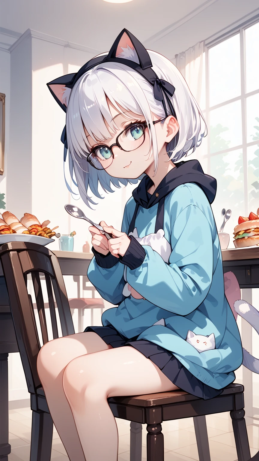 Glasses, cat costume, sitting on chair with spoon, waiting for food to be served