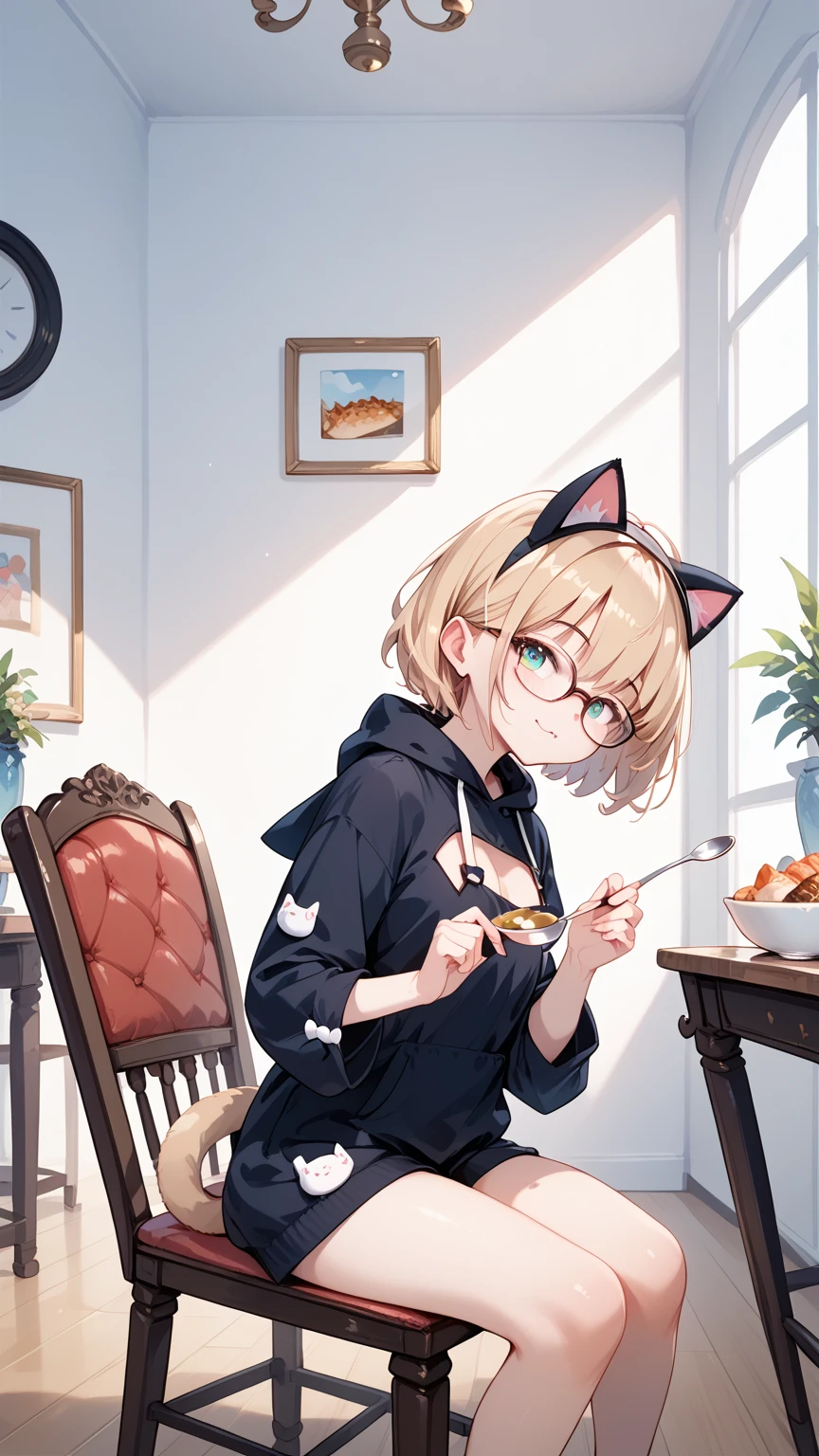 Glasses, cat costume, sitting on chair with spoon, waiting for food to be served