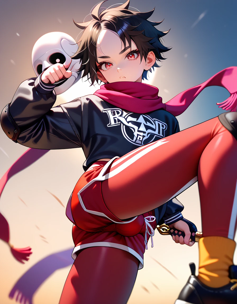 masterpiece, highest_quality, ultra_detailed, anime, depth_of_field, 1boy_focus, boy is (japanese_femboy, (black_hair, messy_hair, crew_cut, forehead_bangs, black_slant_eyes, close_set_low_eyebrows, large_ears), flat_chest, (skeleton_mask:1.5, oversized_shirts, (wide_leg_shorts, leggings):1.5, leather_shoes, legace, knee_pad, scarf):1.5, fighting_pose), five_fingers, detailed_face, full_of_details, holding_dagger, dual_wielding