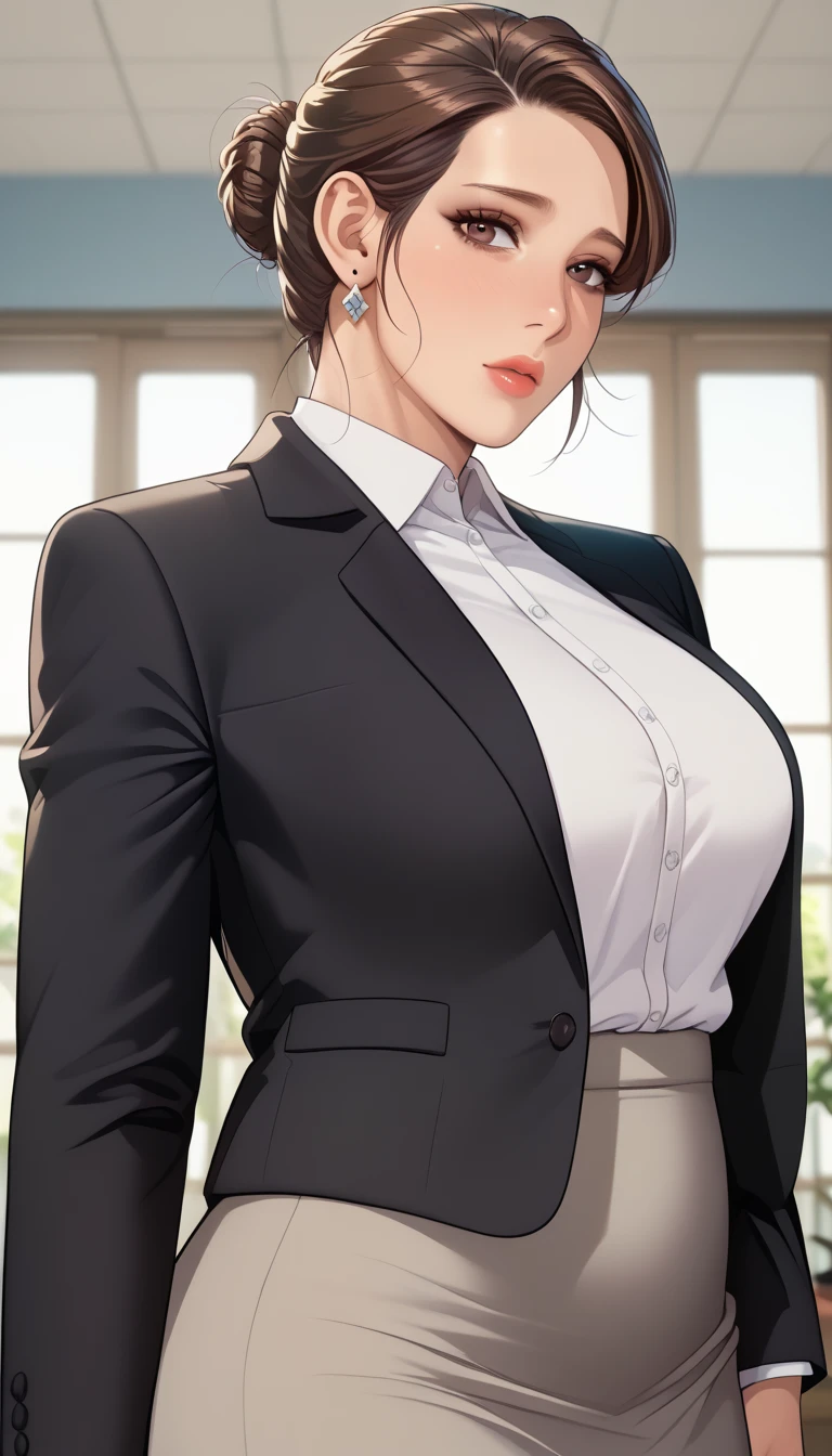 (masterpiece, best_quality:1.2), 1girl, solo, mature female, a1m33, brown hair, low bun, (officework:1.5, white shirt, black blazer, black mini skirt), beautiful eyes, female focus, large breast, wide hips, looking at viewer, ((close up shot)) ((solo)) detailed, very high resolution, no blurry image, (cowboy shot), standing, beautiful, elegant, serene expression, intricate details, detailed background, indoors