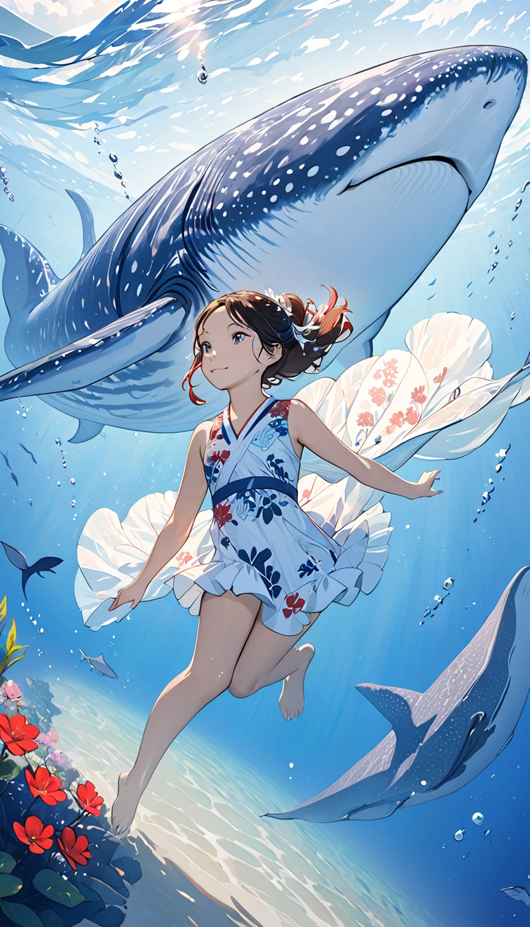 A girl is swimming with a whale shark