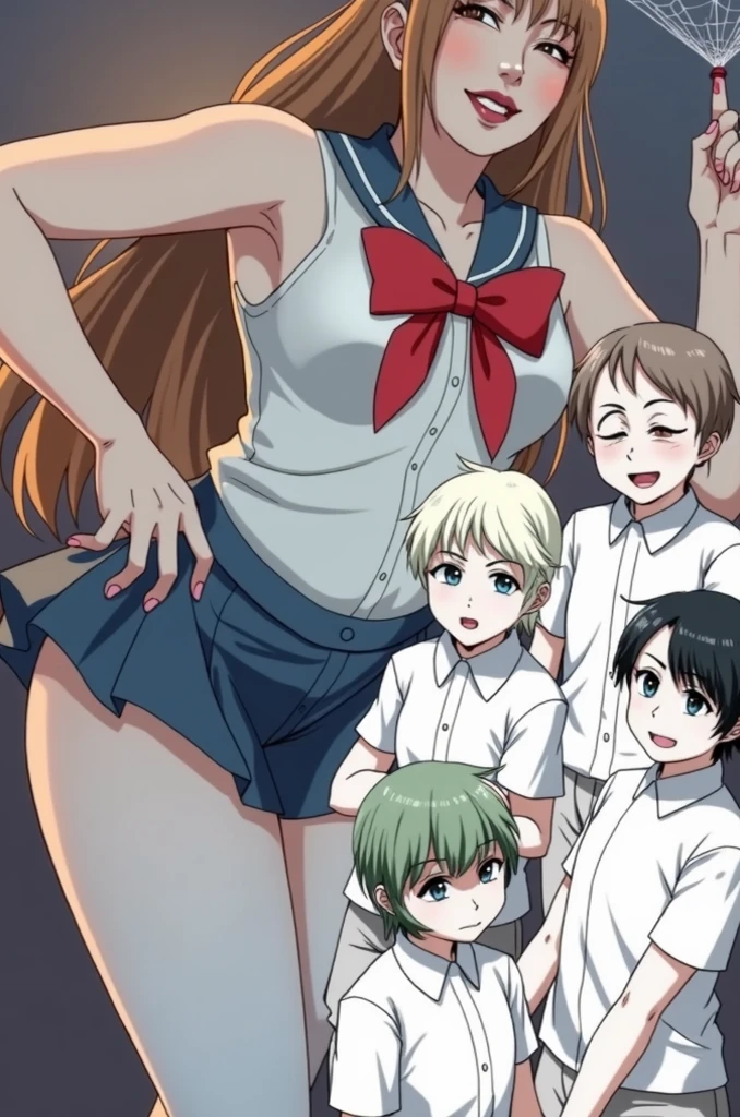 （Group health checkup with shoes removed）、Crowd of wide-eyed naked women with messy hair、Many elementary school boys are lining up to have fun...、surround each other&#39;face、lively、laughter、Close Contact、long shot、dynamic angle、doctor and nudist patient、Commuting