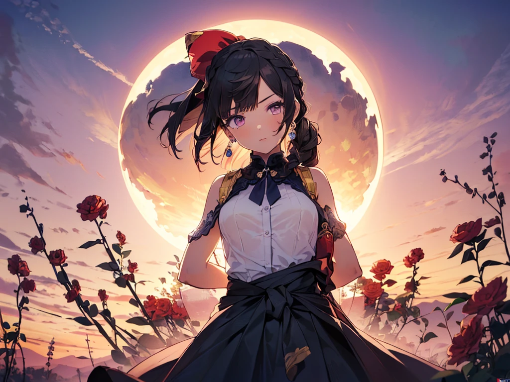 (solo girl, one girl :2), (adorable expression), ((hair tied in a big blue ribbon))), (((long black hair))), ((lots of hair accessories))), (((teardrop shaped earrings))), (((dark blue high neck dress, opera gloves))), (arms folded behind waist :2), ((surrounded by lots of red flowers)))), (sunset sky, sunset, night sky,), (bust from the side), (((high resolution, masterpiece, accurate, anatomically correct, multiple awards, top quality, detailed, high quality, very detailed, ultra high resolution))).