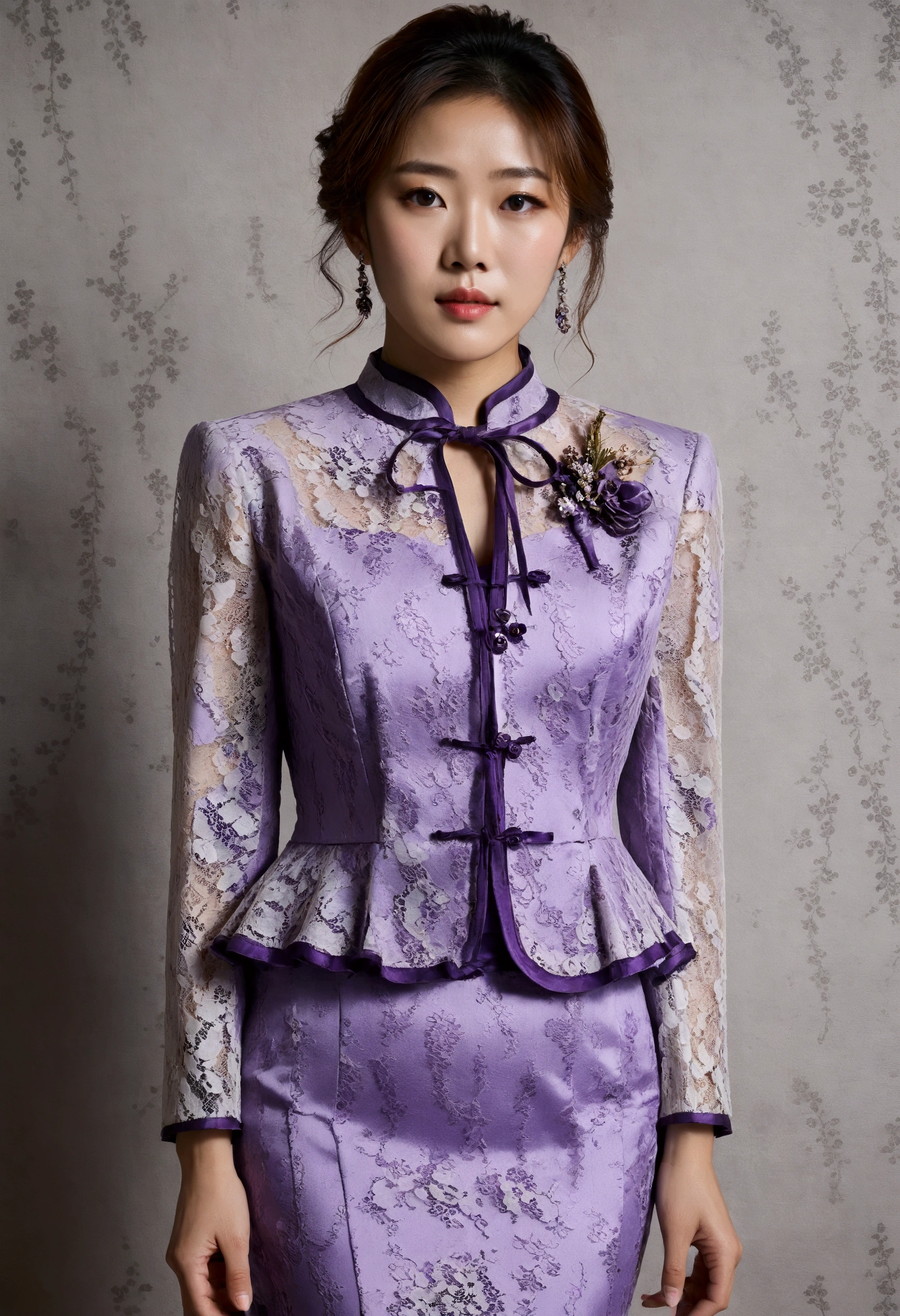 A Korean man in ladies vintage suit dress, big breast like a woman, slender female body, His hairstyle is short and manly, white and light purple, Rich lace and frills, long sleeves, cropped jacket, round neck jacket, China collar jacket, mermaid skirt, sit quietly