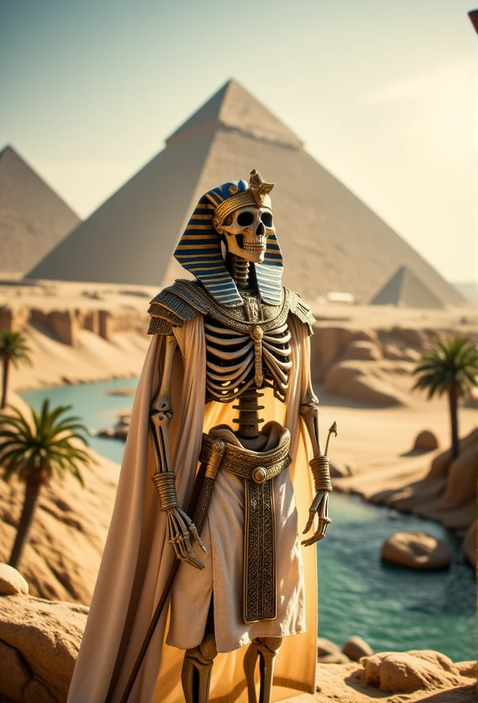 ((masterpiece)) ((photography)) ((Highest quality))  A skeleton adorned in a golden pharaoh's headdress and a traditional white linen kilt, holding a crook and flail crossed over his chest. He stands proudly before the Great Pyramids under a blazing sun, with the Nile River and palm trees in the background.