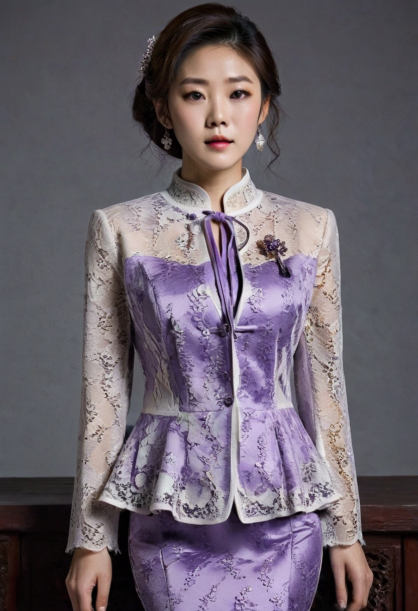 A Korean man in ladies vintage suit dress, big breast like a woman, slender female body, His hairstyle is short and manly, white and light purple, Rich lace and frills, long sleeves, cropped jacket, round neck jacket, China collar jacket, mermaid skirt, sit quietly