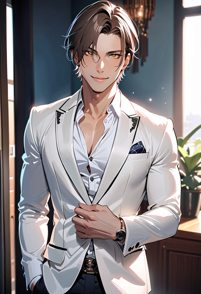 1guy, handsome anime male, ikemen, short hair, bangs, korean style hair, torso up shot, front view, looking at viewer, handsome smile, white blazer, white inner shirt, (masterpiece, detailed:1.2)