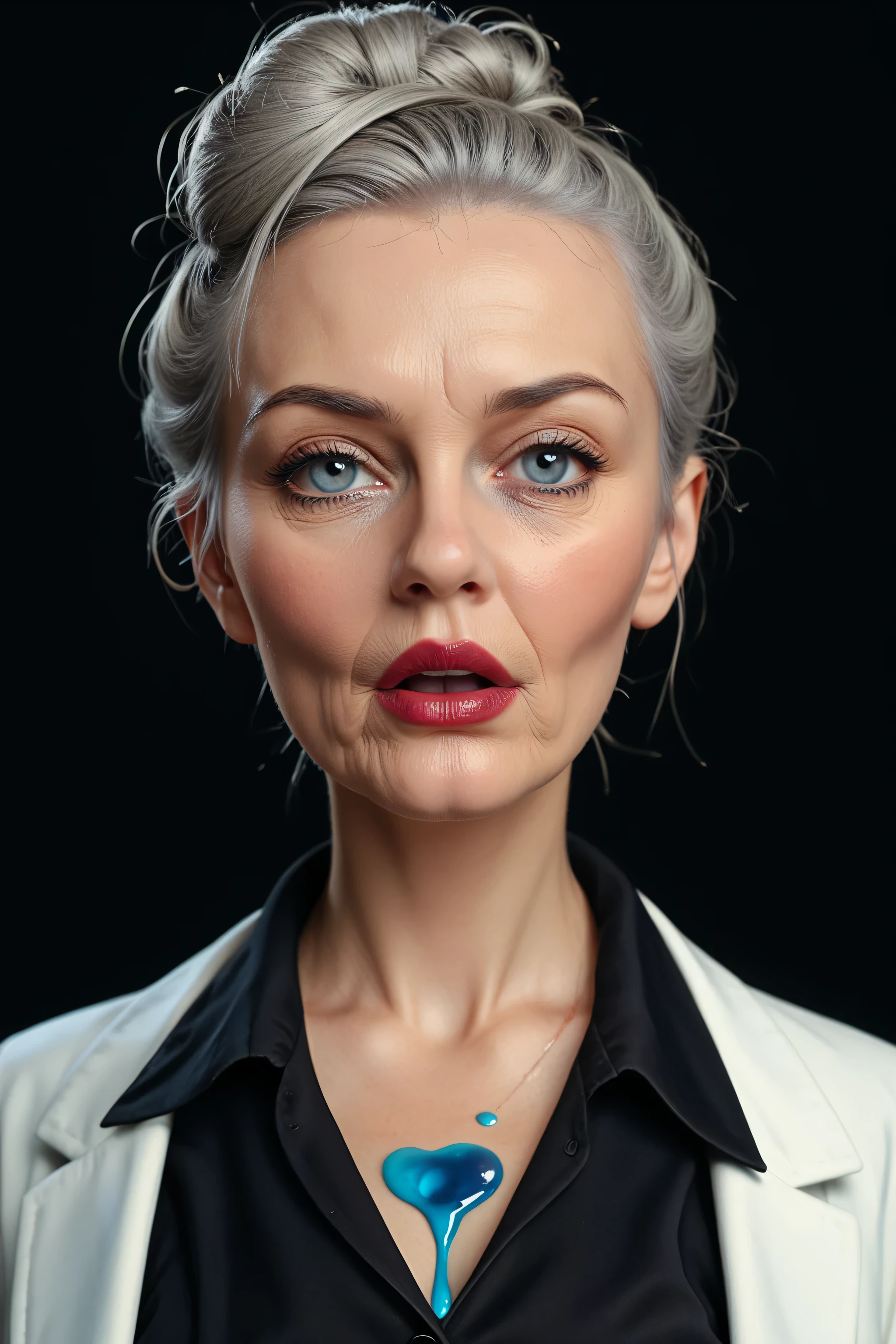Prompt: score_9, score_8_up, score_7_up, solo, gray haired woman, black background, elderly_grayeyes, lab coat_blackshirtbuttons, professional hairbun, carrie underwood, front view_facingviewer, blushing, looking away, large dark eyes, flatchest, eyes wide in shock, gasp, blue liquid on chin_chest