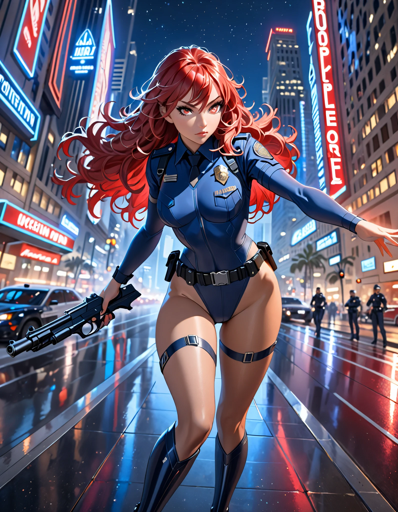 best quality, masterpiece, highres, solo, solo focus, 1lady, semi-realistic, dynamic heroic pose, standing straight, red hair, hazel eyes, beautiful detailed eyes, beautiful detailed face, perfect hands, superhero sexy Los Angeles police officer, ((blue leotard with neon red accents, (lapd badge) on the chest, sleeveless)), (matching gloves, fingerless gloves), bare legs, matching boots, ankle-high boots, full body shot, hands on hip, medium hair, hair down. city backdrop, neon edge lighting, highly detailed, professional. nighttime. ((aura) surrounding her body, blue aura)