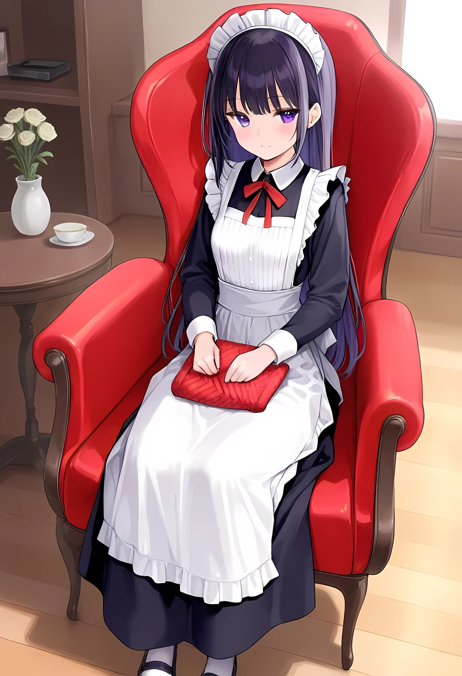 Maid girl knitting while sitting in a recliner