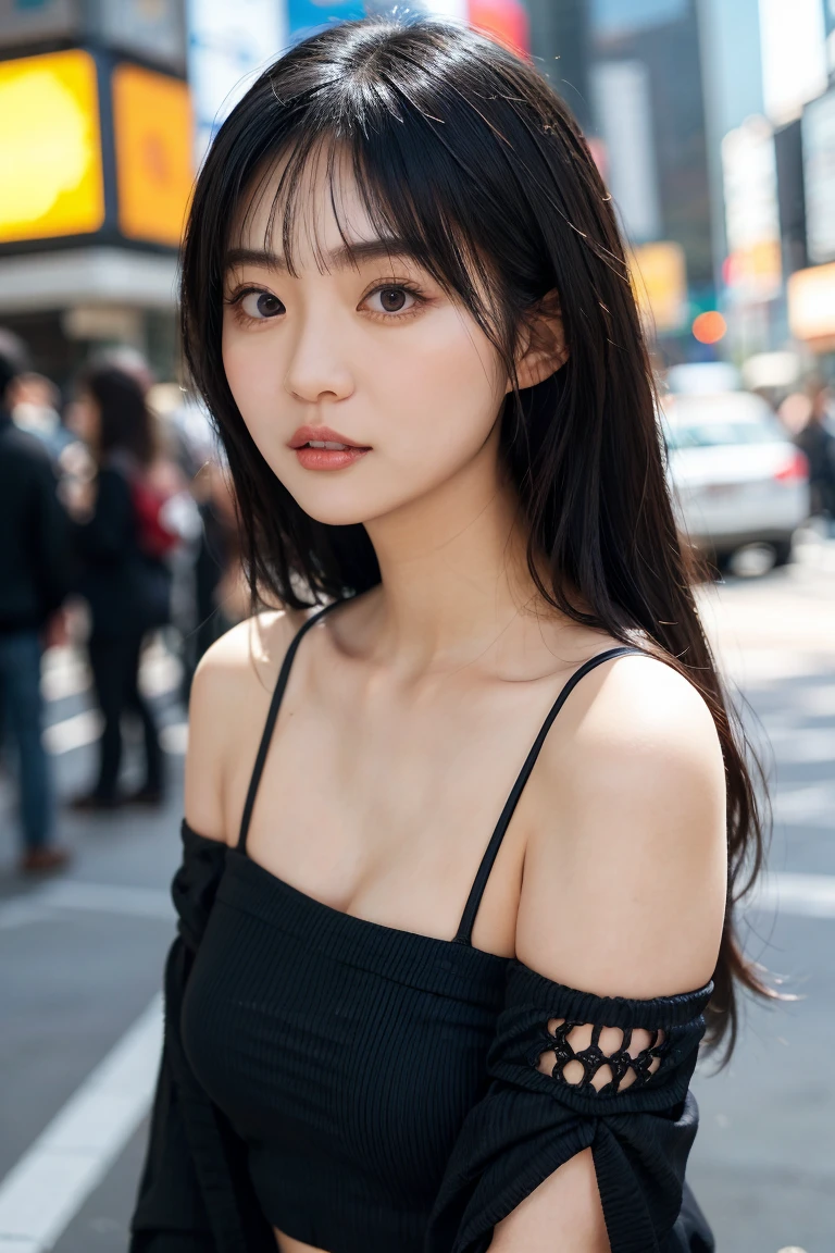  RAW photo of a Japanese woman in her late 20s wearing a black top and black sweater perfectly recreated in every detail, Thick, crisp eyebrows , long lashes,Thick Small Lips , Times Square ,  realistic . 8k,  1/2000 seconds,ISO100,