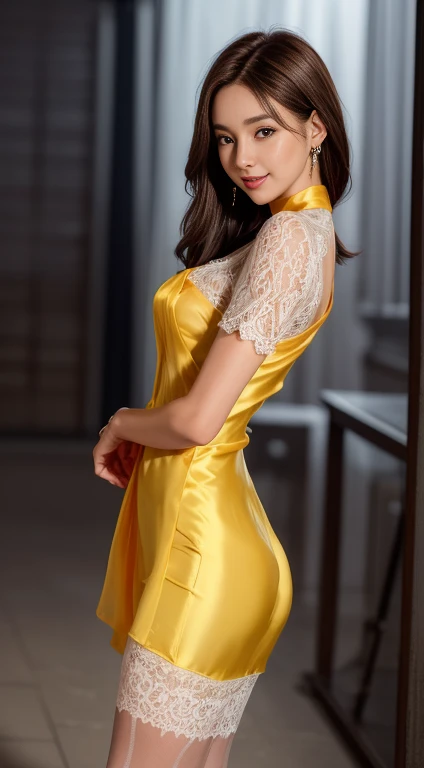8k, Tabletop, RAW Photos, Highest quality, Realistic, 8kの高精細CG統一壁紙, Written boundary depth, Cinematic Light, Lens flare, Ray Tracing, (Very beautiful face, Beautiful Lips, Beautiful Eyes), Exquisitely detailed face, ((Highly detailed skin)) One Girl, In the Dark, Deep Shadow, Cute Korean Girl, K-POPアイドル, 1 girl, (Very slim, Toned Up, Muscular body:1.3), ((Viewer Display)),(大きなsmile:1.3), (Fashion Night, Dark Night, (Neon Signs), (Blurred Background), Fashion Street Night),(There is no one in the background:1.3), Beautiful earrings, Bangles, necklace, pantyhose, Clear Eyes, walk, (Pale skin), (Big Eye Ace Forward, (Brown hair body shot), ((brightly colored silk dress:1.3)), ((Tight Dress)), ((Lace dress)), (Viewer Display:1.3) Unpack the box, Very slim, Center of chest, Turn back, (Buckshot), Ass Focus, In front of eyebrows,(Tight Dress), Thick thighs,smile,