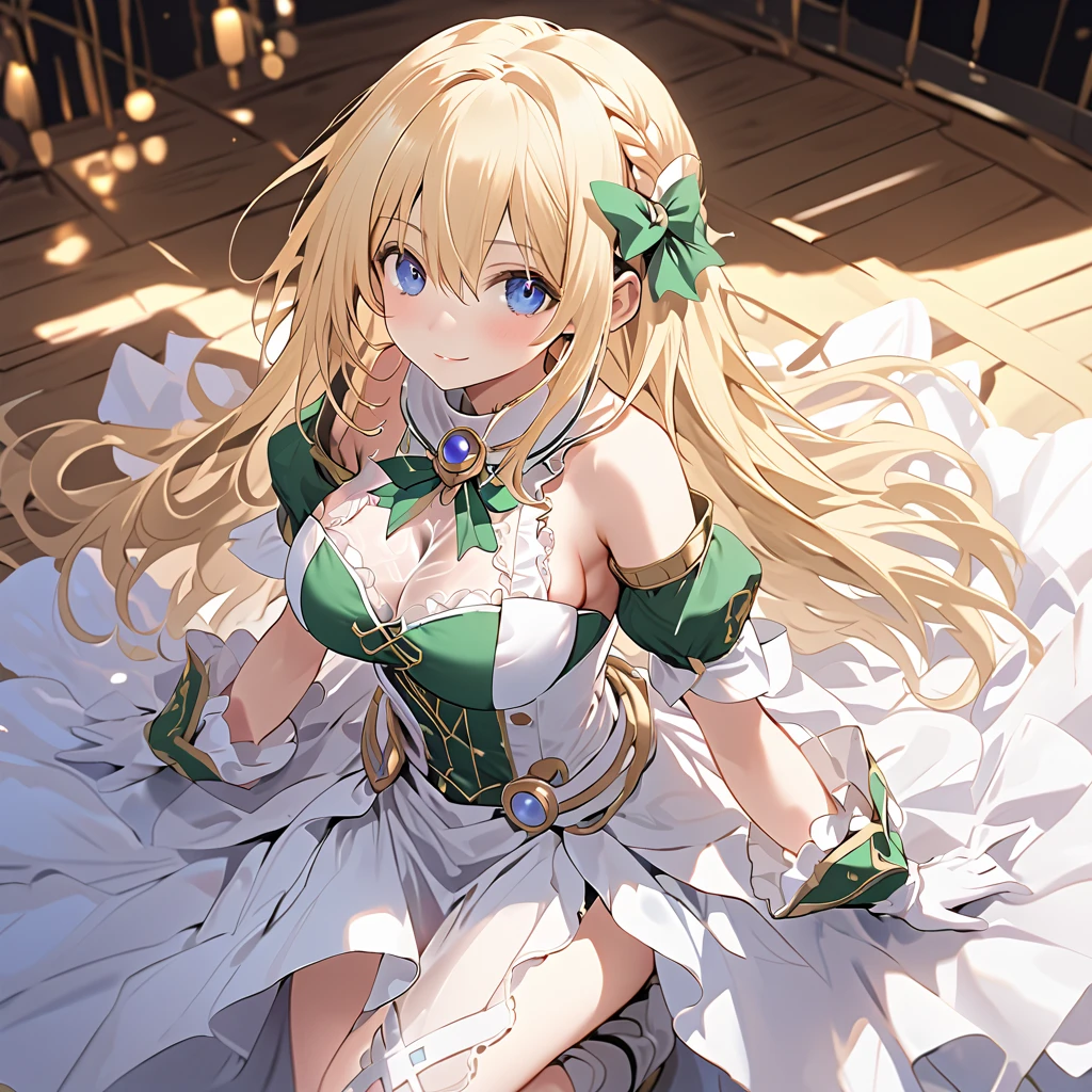 Vert \(neptunia)\, blonde hair, blue eyes, long hair, french braid, sidelocks, large breasts, narrow waist, wide hips,
bare shoulders, cleavage, dress, detached collar, frilled gloves, knee boots, bow, white footwear, brooch, armlet,, ( perfect anatomy ),( best quality), ( ultra hi-res), ( high definition ), , ( Highly Detailed CG), (32K), (masterpiece)