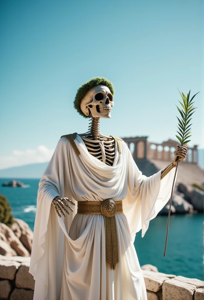 ((masterpiece)) ((photography)) ((Highest quality))  A skeleton draped in a white toga with golden trim, wearing a laurel wreath on its skull. He holds an olive branch and stands before the Parthenon on the Acropolis, with a clear blue sky and the Aegean Sea visible in the background.