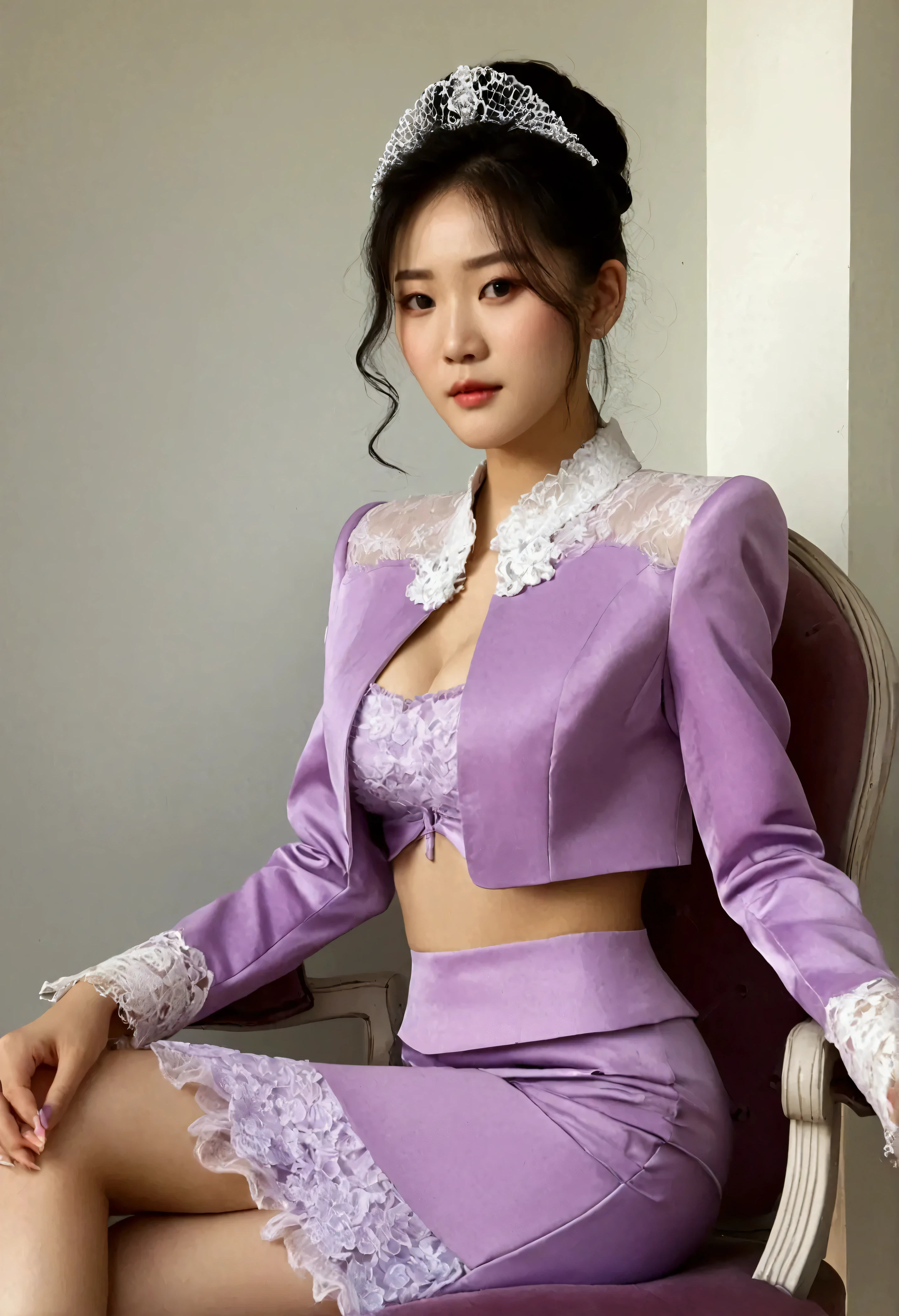 A Korean man is wearing a ladies' skirt suit, a beautiful skirt suit, he is a crossdresser, he has big breasts on his chest like a woman's, his face is very masculine, his hair is masculine short, light purple and white, frills and lace. Decoration, lady's dress, two-piece, cropped jacket, small jacket, round neck jacket, China collar jacket, mermaid dress, sitting on a chair