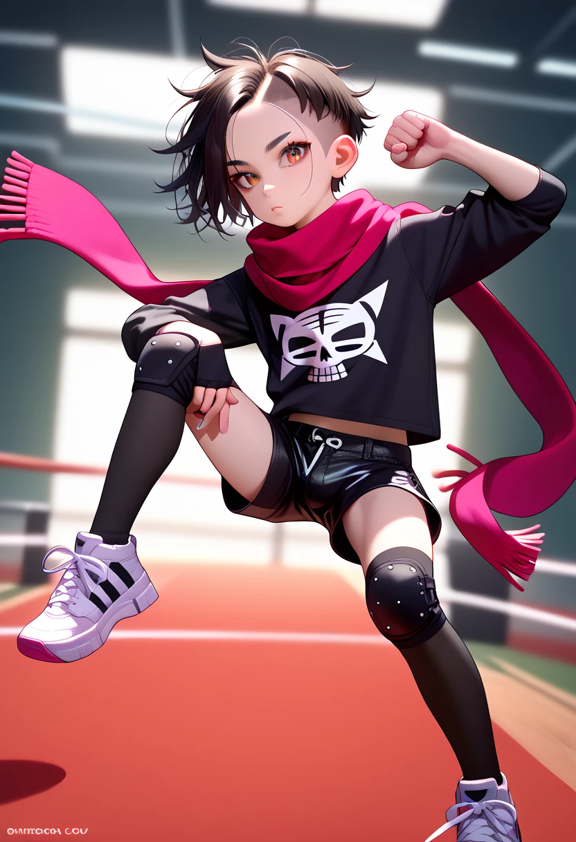 masterpiece, highest_quality, ultra_detailed, anime, depth_of_field, 1boy_focus, boy is (japanese_femboy, (black_hair, messy_hair, crew_cut, forehead_bangs, black_slant_eyes, close_set_low_eyebrows, large_ears), flat_chest, (skeleton_mask:1.5, oversized_shirts, (wide_leg_shorts, leggings):1.5, leather_shoes, legace, knee_pad, scarf):1.5, fighting_pose), five_fingers, detailed_face, full_of_details, holding_dagger, dual_wielding