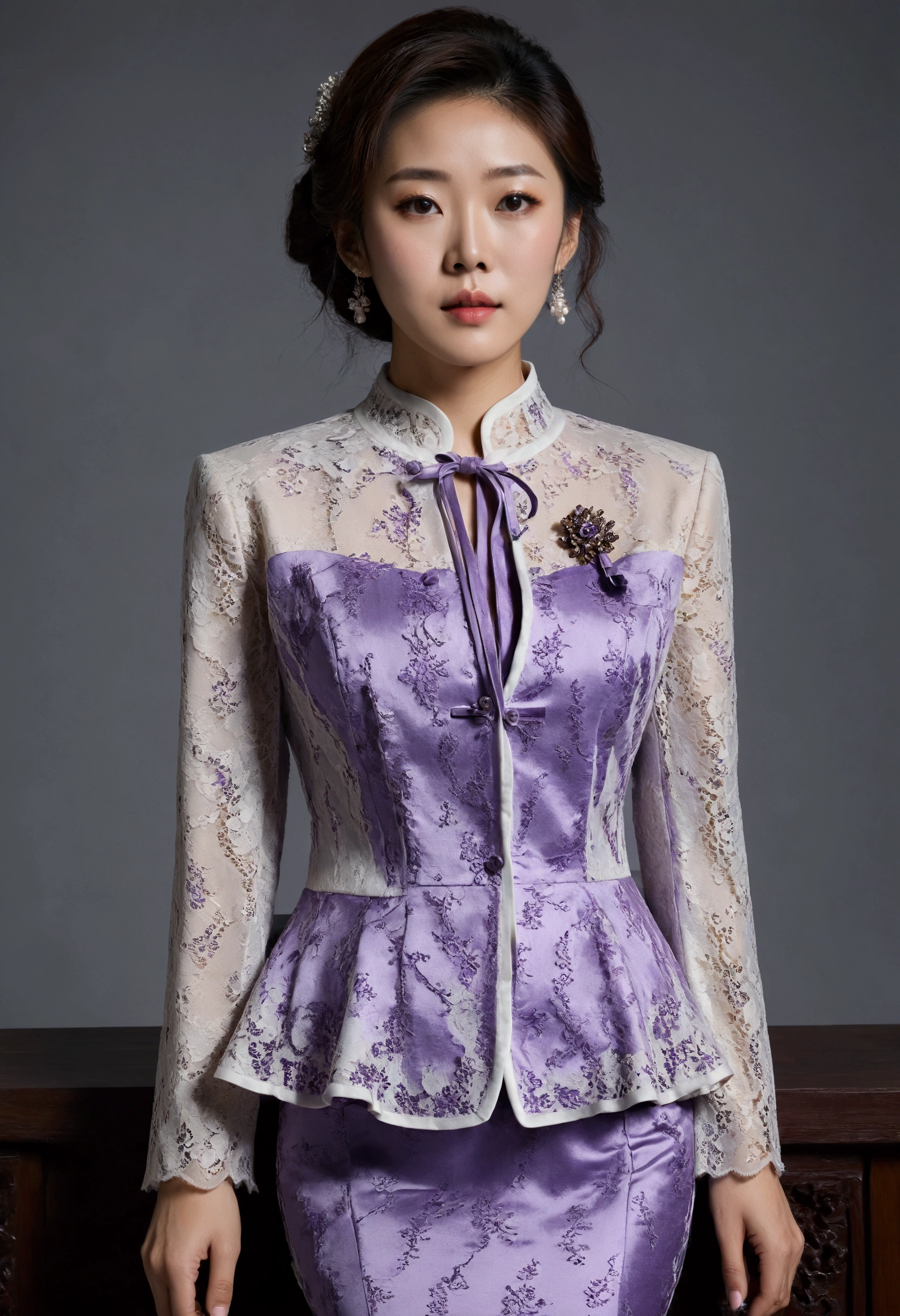 A Korean man in ladies vintage suit dress, big breast like a woman, slender female body, His hairstyle is short and manly, white and light purple, Rich lace and frills, long sleeves, cropped jacket, round neck jacket, China collar jacket, mermaid skirt, sit quietly