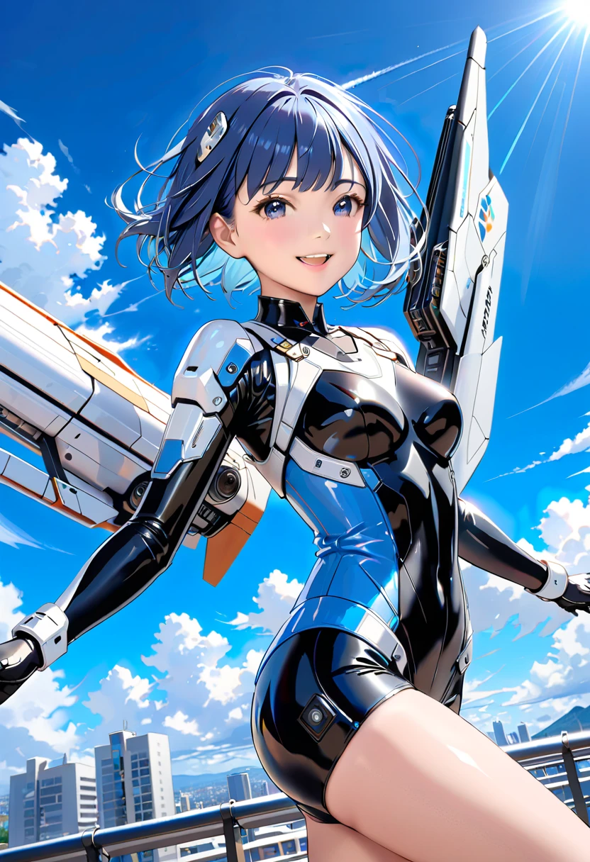 masterpiece, best quality, ultra detailed, 4K, no bad anatomy and fingers, Fibonacci composition, a cyborg girl on the beach, Looking wistfully out to sea, combat plug suit with big mechanical wings, Blue Camouflage, elaborately designed clothes, medium short hair with straight bangs, glowing beautiful skin and eyes, colored inner hair, background of a beautiful Okinawa beach, sunny, action painting style, thick lines, dynamic composition, Masashi Kishimoto, Hirohiko Araki,