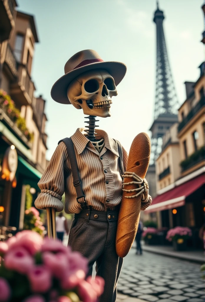 ((masterpiece)) ((photography)) ((Highest quality))  A skeleton wearing a striped marinière shirt, a beret tilted on its skull, and holding a baguette of bread under one arm. He stands on a cobblestone street with the Eiffel Tower in the background, surrounded by small Parisian cafés and flowers.