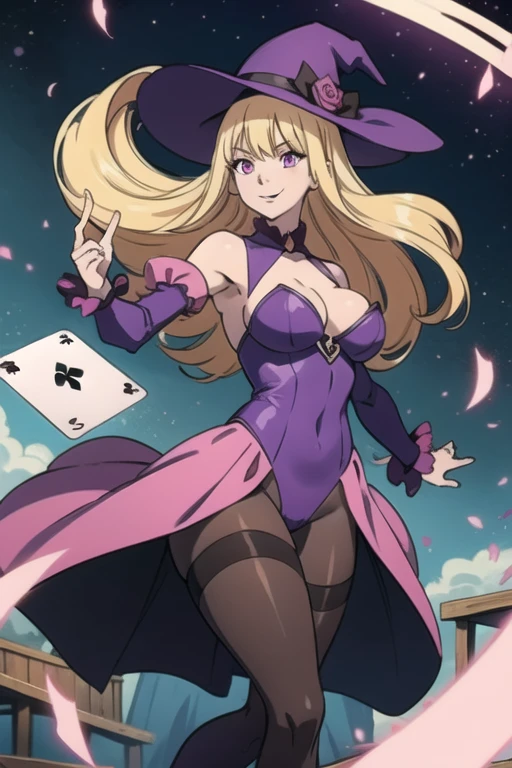 Selene, ftselenecas, long hair, blonde hair, pink eyes, mature female, large breasts, a magic aura around her, magic wand, show, stage, pink eyes, blonde hair, floating, dropping sleeves, cards, female magician leotard, magician hat, frills, long hair, brown boots, black pantyhose, purple outfits, smile, dancing