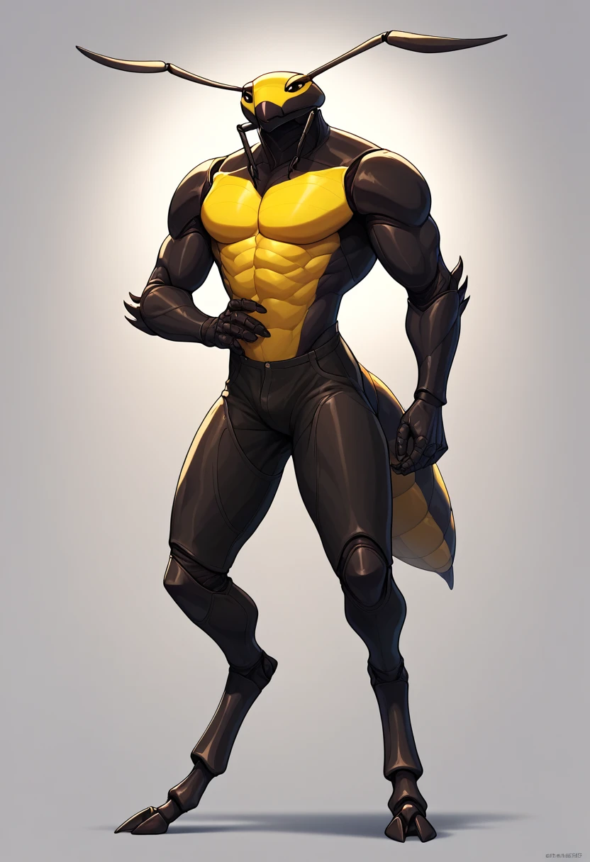 score_9, score_8_up, score_7_up,score_6_up,score_5_up, an anthro BEETLE warrior, anthro, more humanlike anthro beetle, male, muscle beefy chitin male character, insect, anthro insect, arthropod, arthropod abdomen, exoskeleton, yellow eyes, humanlike feet, fingers, solo, toes, digitigrade, warrior, beautiful, high quality, highly detailed, digital art, full body, chitin, Hercules Beetles:2, more humanlike:2, human body, brutal