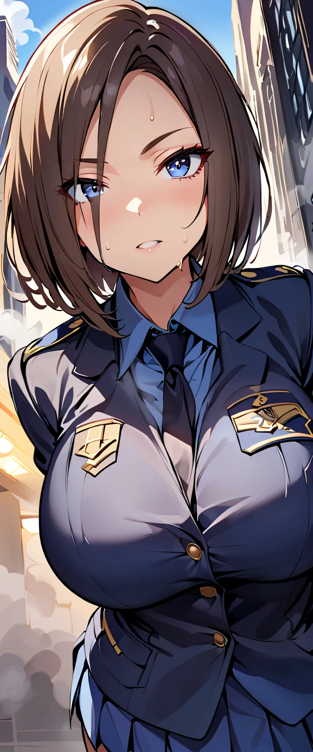  1 girl,  1 girl, Air Groove (Horse Girl), Horse Girl]],  bob cut, blue eyes, Eye Shadow ,Big Breasts, Alone, masterpiece, Radiant skin , Ultra-detailed skin,  shiny hair,  glamorous, I was surprised, steam,sweat, Seductive Poses ,Horse's Tail, downtown ,police officer, miniskirt,from below