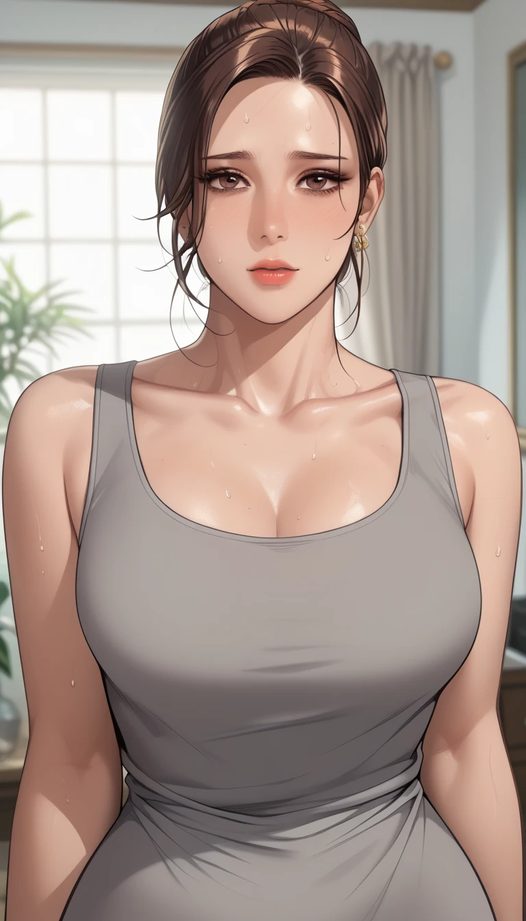 (masterpiece, best_quality:1.2), 1girl, solo, mature female, a1m33, brown hair, hair bun, (housewife:1.5, grey dress tank top), beautiful eyes, female focus, large breast, wide hips, looking at viewer, ((close up shot)) ((solo)) detailed, very high resolution, no blurry image, (cowboy shot), standing, beautiful, serene expression, sweating, intricate details, detailed background, indoors