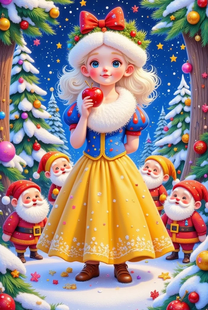 a beautiful snow white holding an apple, 7 dwarves, fairytale, intricate details, detailed facial features, porcelain skin, elegant dress, warm lighting, snowy forest background, vibrant colors, fantasy, cinematic composition, award-winning illustration, masterpiece, (best quality,4k,8k,highres,masterpiece:1.2),ultra-detailed,(realistic,photorealistic,photo-realistic:1.37)