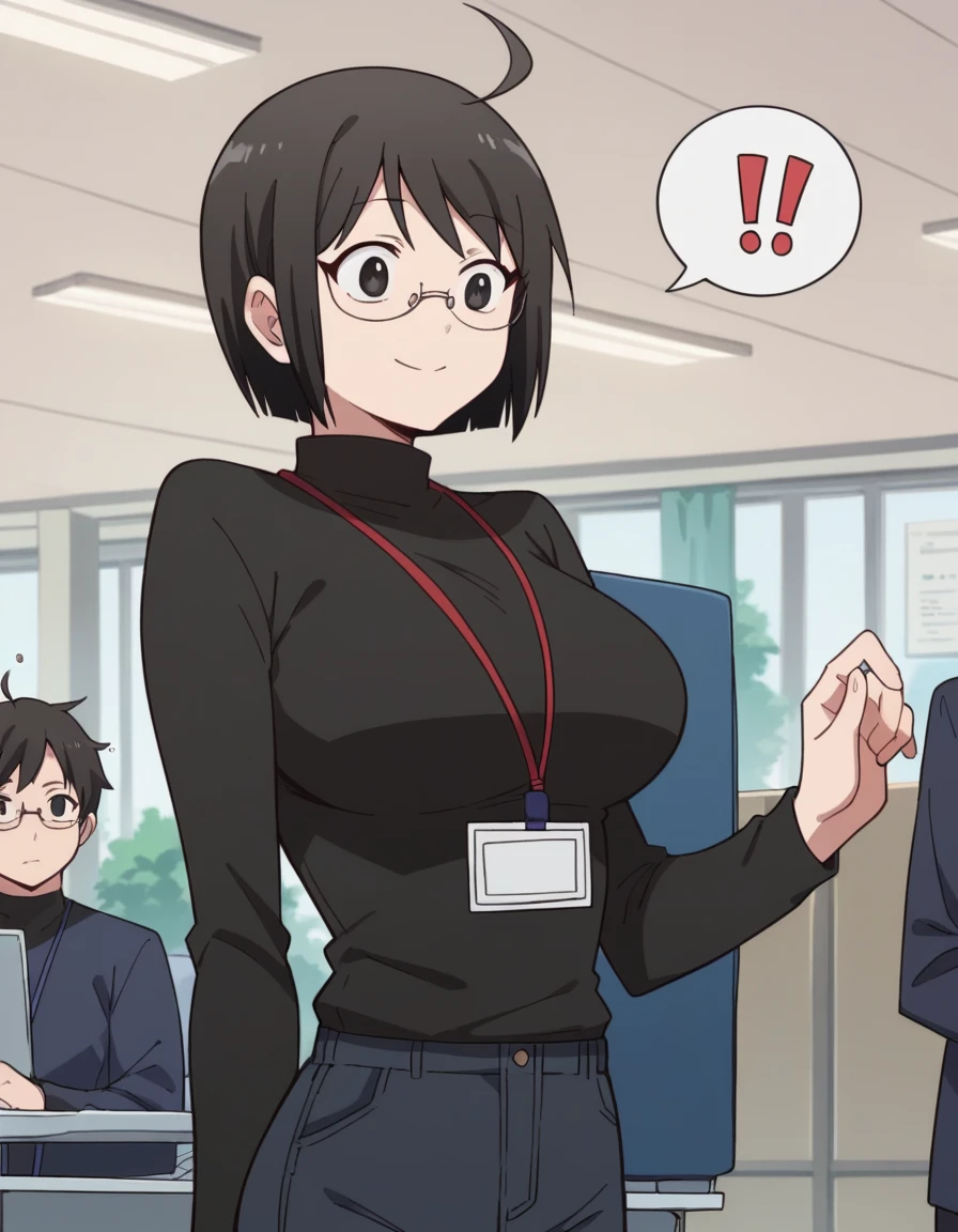 lucy yamagami, short hair, black hair, black eyes, ahoge, glasses, large breasts,
pants, sweater, turtleneck, id card, lanyard,masterpiece,high quality,woman,light smile,office,spoken exclamation mark, 1girl,