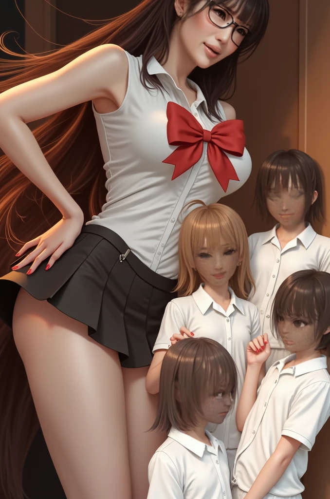 Cinematic shot, Masterpiece, ((3 females)), (3 beautiful females), female teacher dominating two girls, teacher standing above girls, girls hugging teachers legs, kissing ass, obedient pose, bent, pushing head down, (hand in panties:1.3, hands on neck, choking:1.3), (chained, tied, golden chain, chain around bodies , chained collar, handcuffs, rough:1.4), school girl uniform, unbuttoned white shirts:1.3, slim, (fingering, female masturbation:1.2), (cold light, cold blue tones), flat blue background, highly detailed, best quality , close up, from above