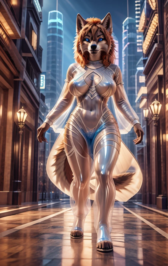  wolf, ears , realistic body tape, thin1tail ,perfect skin, face detailed, very oil skin,detalied blue eyes,perfect eyes,  orange hair,bare navel,gigantic breasts, white latex gloss, transparent dress, High-heele,  full length, extreme detailed,  masterpiece,8k, stunning, highly detailed, 8k, ornate, intricate, dehazed, atmospheric,duration:1.6), physically based visualization,bright colors,cinematic lighting, fantasy city, epic detailed,Шедевр,Высокое разрешение, Высокое качество, Улыбаться,  Рендеринг 8K, epic realism, Прическа с шипами, Двойные локоны, 