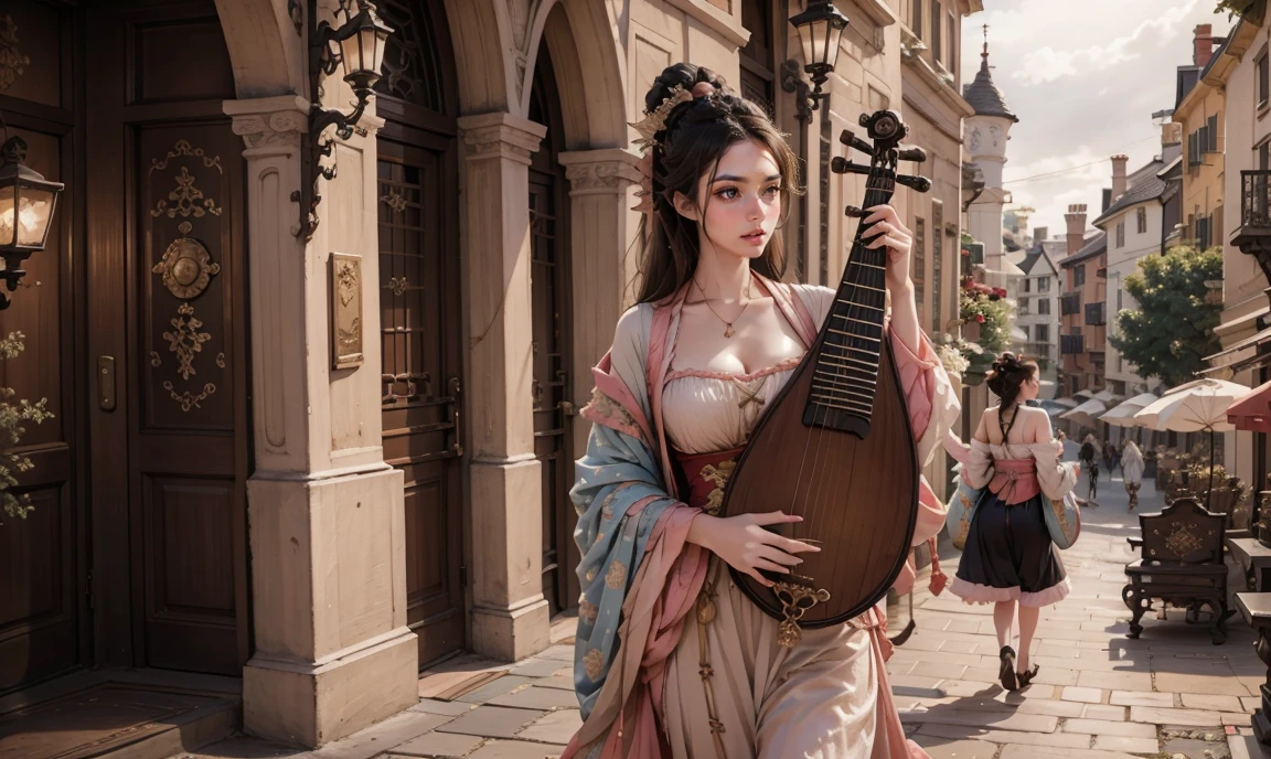 classy stunning gorgeous female high-class bard, blushing but happy, wearing expensive clothing, carrying a lyre, walking behind you, looking at the viewer.